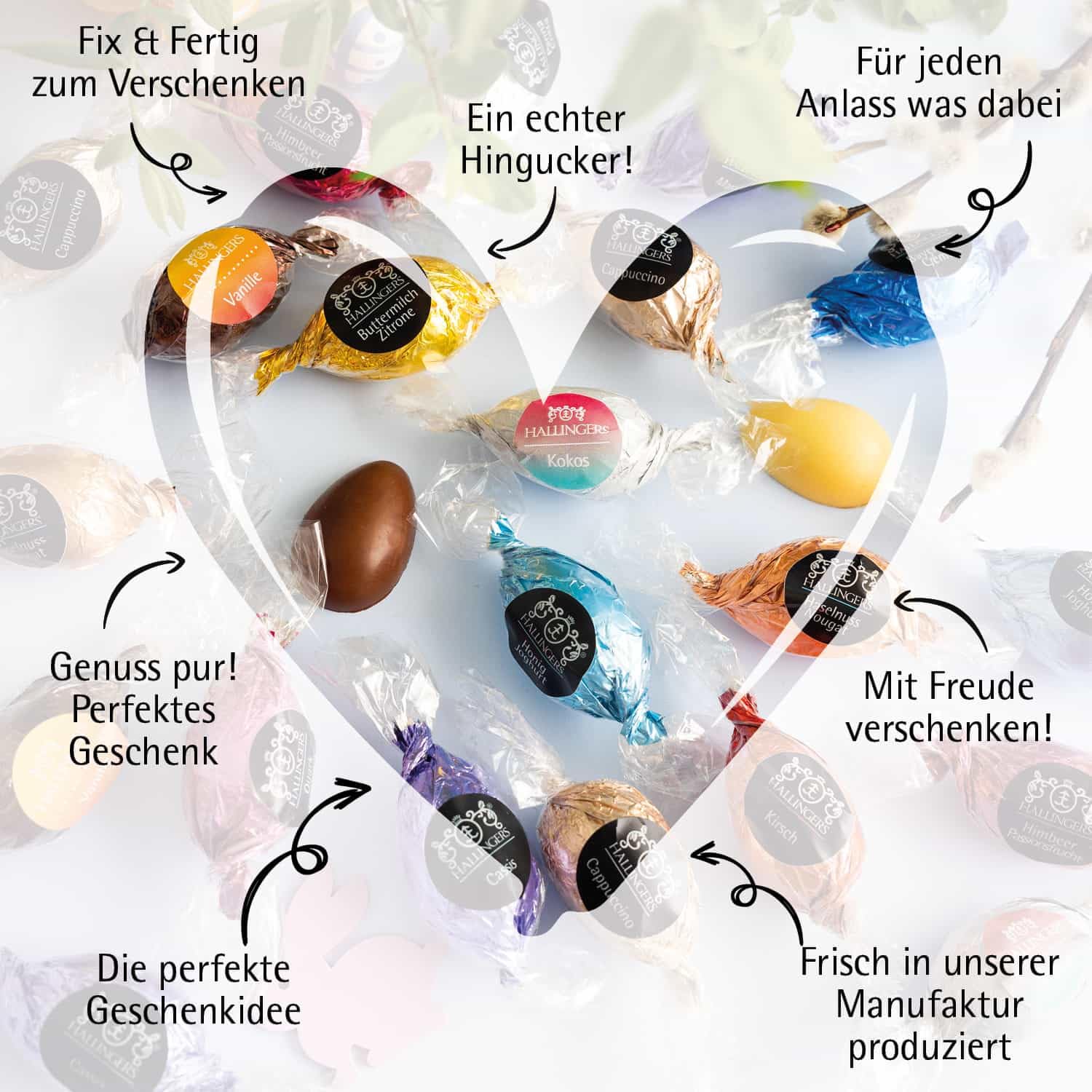 Hallingers Genuss Manufaktur Feinkost Oster-Geschenk-Set - XXL-Geschenkkorb "Easter Box orange" großes Osternest mit 90 Pralinen-Ostereiern mit & ohne Alkohol, Ostern Körbchen für Frauen Männer