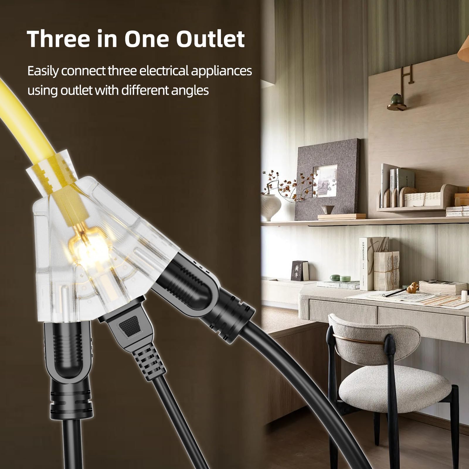 Cable de extensión para exteriores de 25 pies con múltiples tomas, calibre 12, cable de extensión amarillo impermeable con 3 tomas, cable de alimentación de 3 clavijas para luz