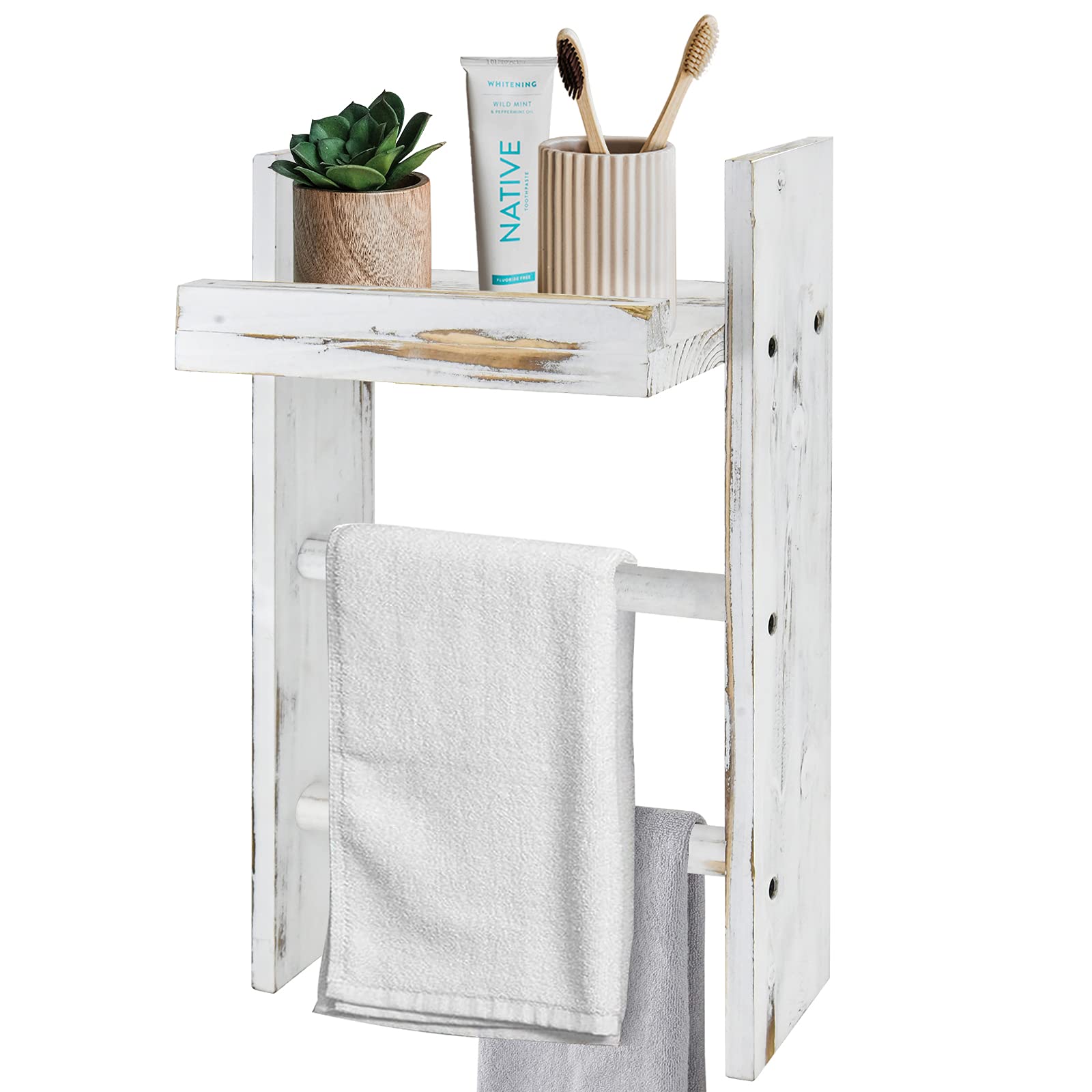Y&Me Wall Hanging Ladder Towel Rack with Shelf, Rustic Wall Mounted Storage Towel Ladder Holder with Towel Bar, 3 Tiers Towel Rack Holder with Storage Shelf for Bathroom, Kitchen