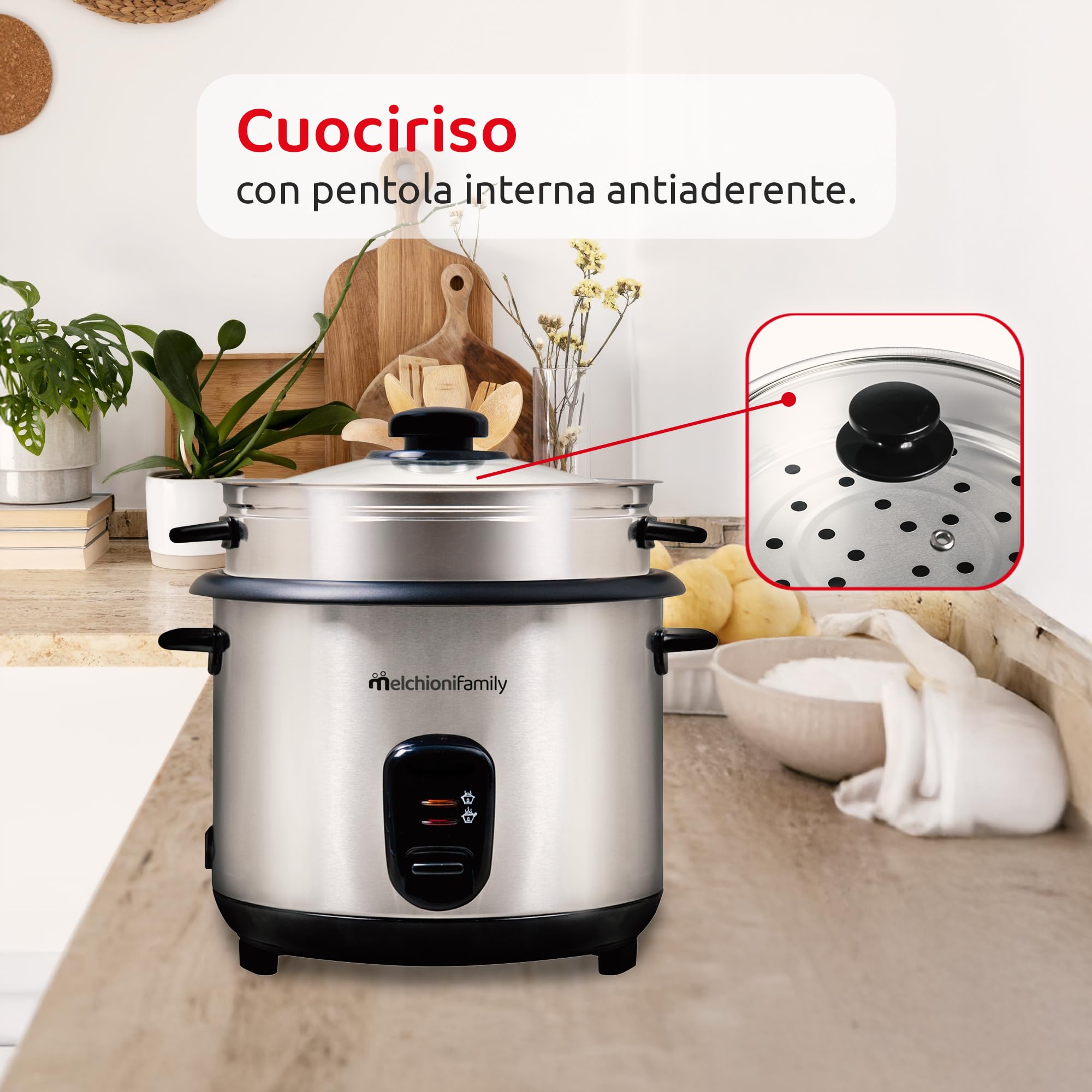Melchioni Family | LOTO Cuociriso 1.8L con Cottura e Riscaldamento, Coperchio in Vetro, Antiaderente, Spegnimento Automatico, Vapore, 800W, Accessori Inclusi