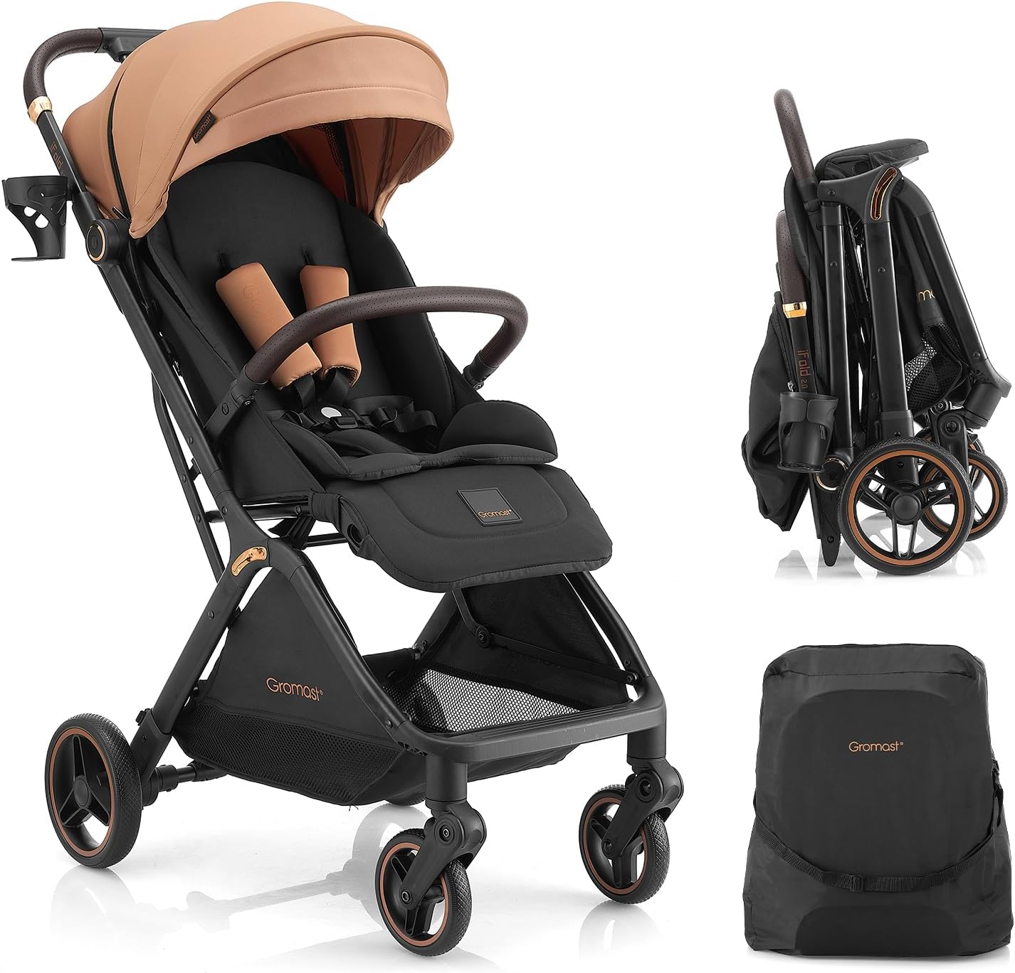 Gravity Folding Baby Stroller - Portable Travel Toddler Stroller w/Adjustable Backrest, Canopy & Cup Holder, Lightweight and UV Protected, One-Hand Automatic Folding - Khaki