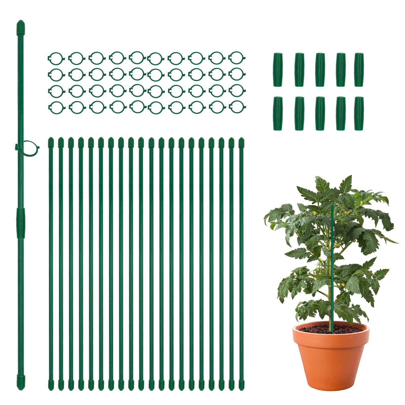 70-teiliges Kunststoff-Pflanzenstütz-Set – 20 Heringe (30 cm), 40 Clips und 10 Glieder, verstellbare Pflanzenstützstäbe für Innen- und Außenbereich, Garten, Topfrosen, Tomaten, Gemüse