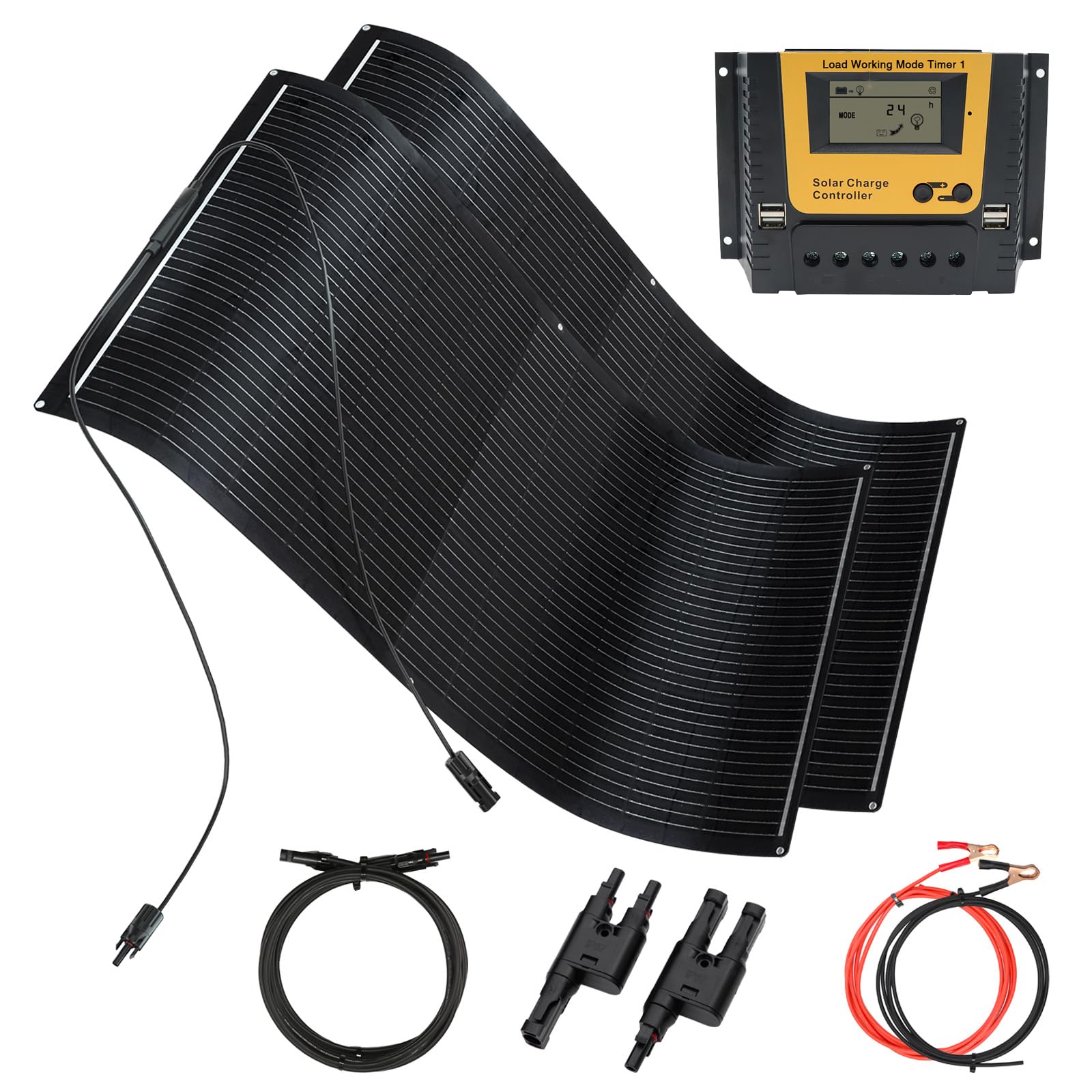 XINPUGUANG Kit Panneau Solaire Souple 300W – 2 Panneaux 150W + Régulateur de Charge 30A 12V/24V + Câbles Solaires, Surface PET Noire Fine et Légère pour Camping-car, Bateau, Caravane
