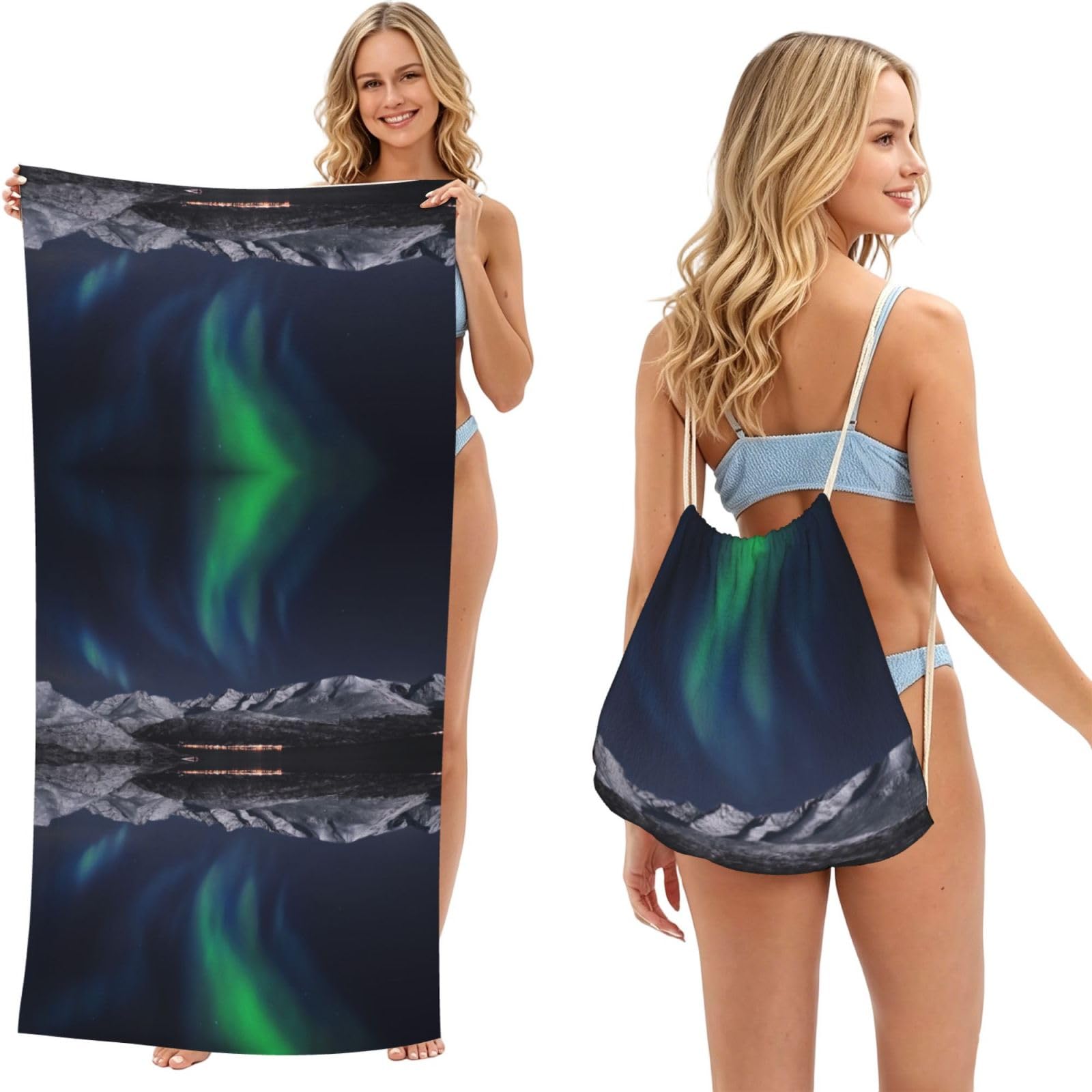 SATUSA Aurora Print 2-In-1 Foldable Beach Towel Backpack â€“ Camping, Yoga And Travel,Bath Towel With Built-In Storage, Convertible Beach Mat & Carry Bag