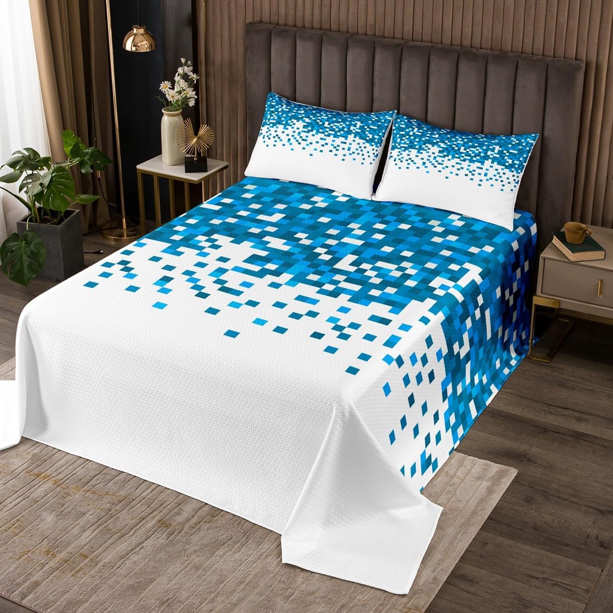 Castle Fairy Blue Pixel Block Bedspread Twin Size,Miners Video Games Bedding Sets 2Pcs for Kids Girls Boys Room Decor,Geometric Plaid Comforter Set Modern Cool Quilt Coverlet,1 Pillowcase