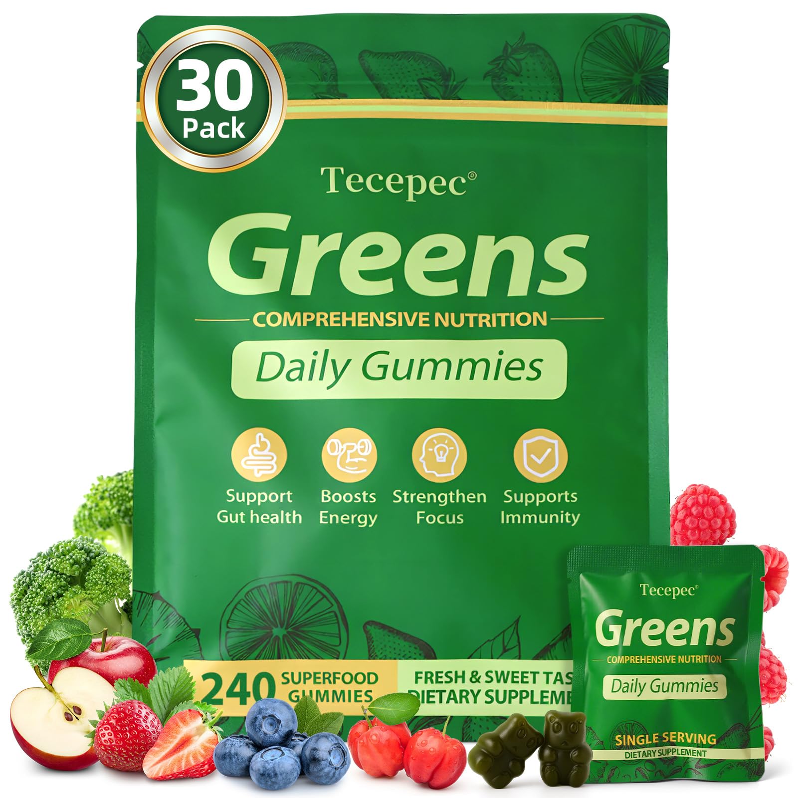 Greens Daily Gummies, Superfood Fruits and Veggies Blend with Spirulina, Chlorella, Prebiotics & Fiber, Adaptogens Multivitamin Supplement for Women & Men Digestive Health, 240 Count 240 Count (Pack of 1)