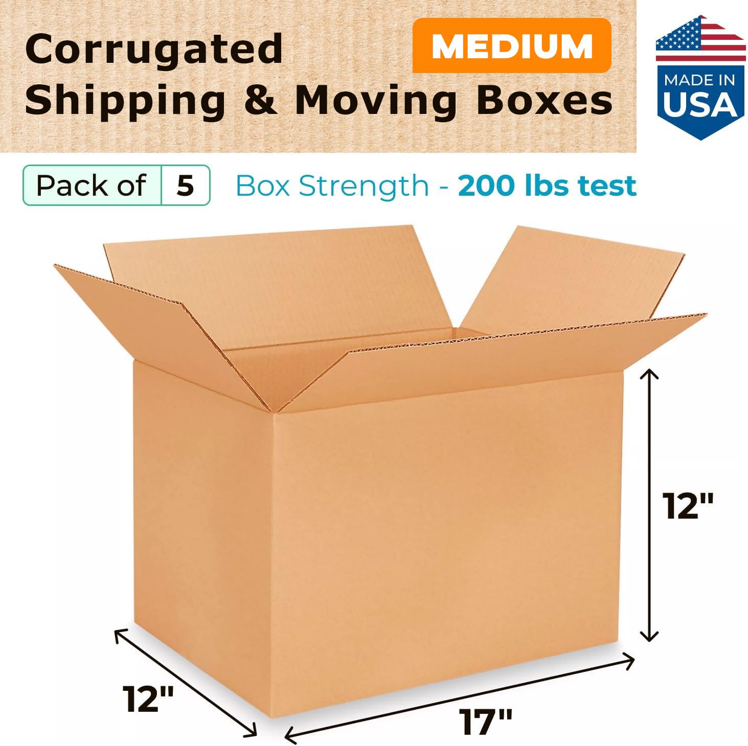 Medium Shipping & Moving Boxes 17 x 12 x 12 inches (5-Pack) - Extra Strength 200 lb vs Regular - USA-Made Corrugated Cardboard Boxes - Durable Moving Box - Package Box by IDL Packaging