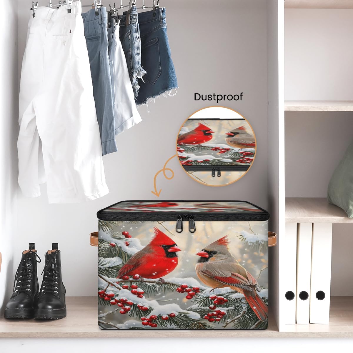 Storage Bin Set of 2 Winter Cardinal Bird Berry Storage Basket with Zipper Lid & Handle Foldable Closet Shelf 2 Pack Cloth Organizer Basket Cube Bins for Bedroom, Nursery