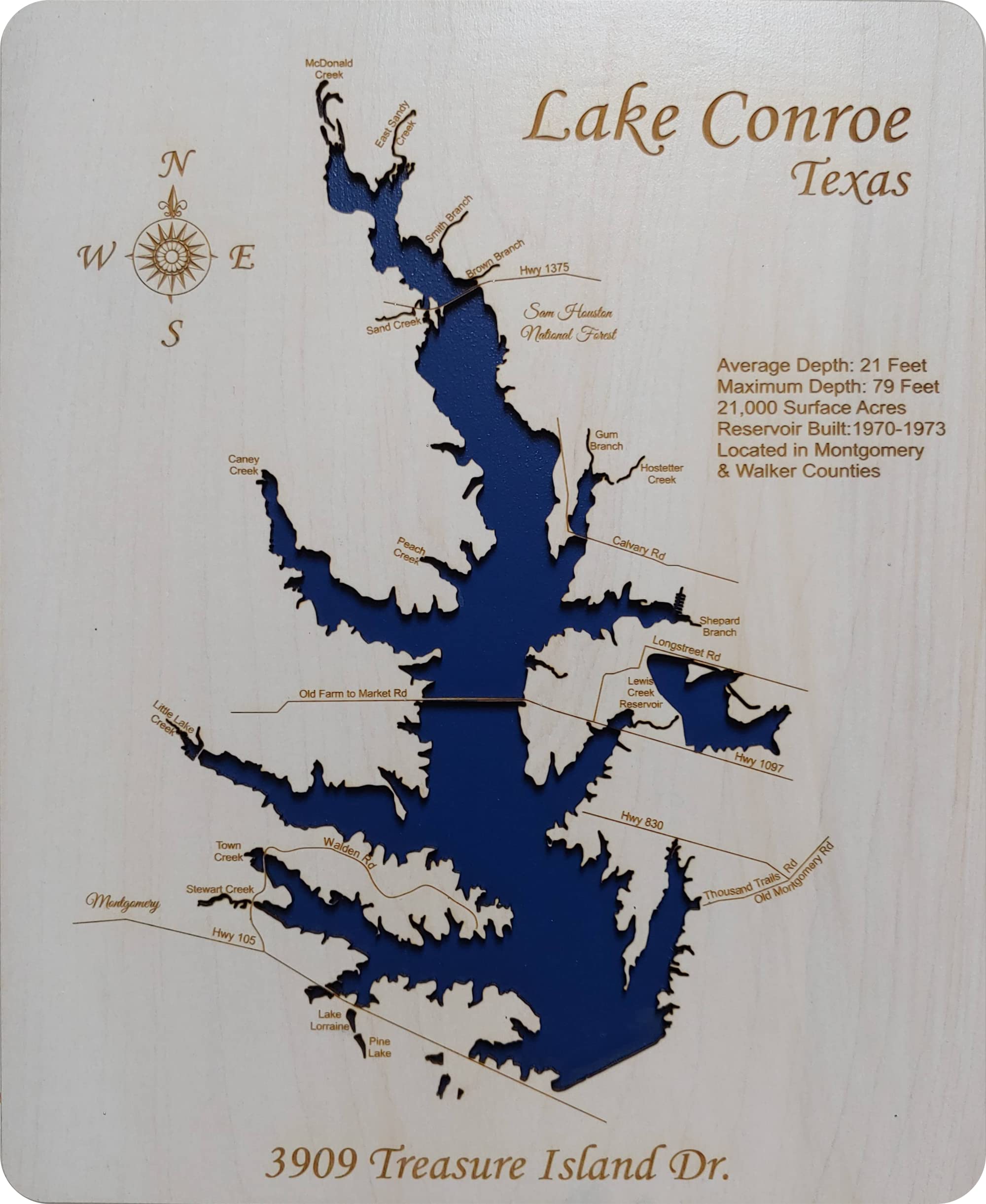 Lake Conroe, Texas: Contemporary Wood Laser Engraved Map | Custom Text Included | Wood Sign | Wall Hanging| Nautical Art | 2D Wood Map | Wall Art | Made to Order 15" x 23"