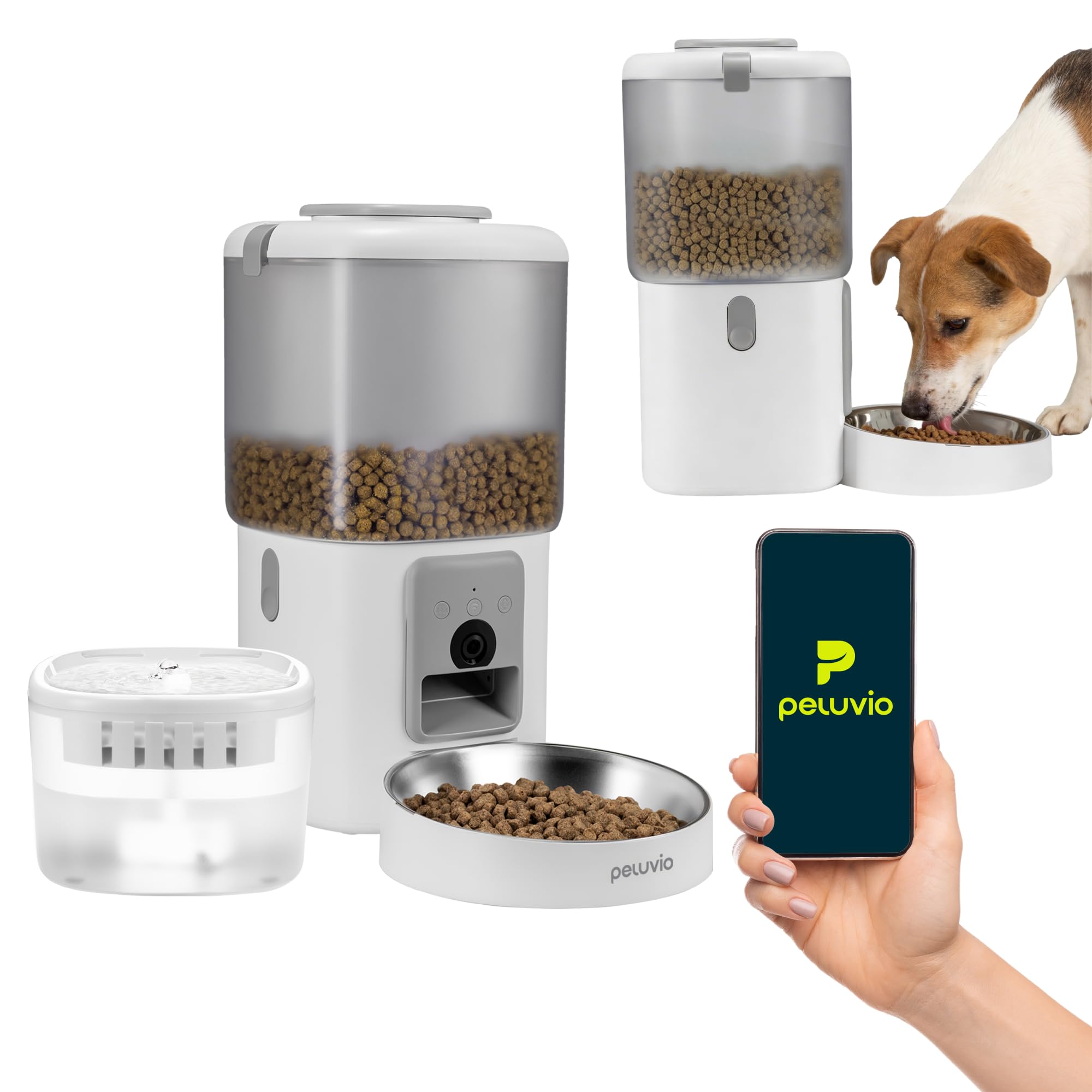 FEAST automatyczny dozownik karmy dla psów z WiFi i kamerą wideo, dozownik krokwi kota 4,5 l z miską, zaplanowane porcje, fontanna 2,5 l, automatyczny dozownik karmy dla kotów (biały)