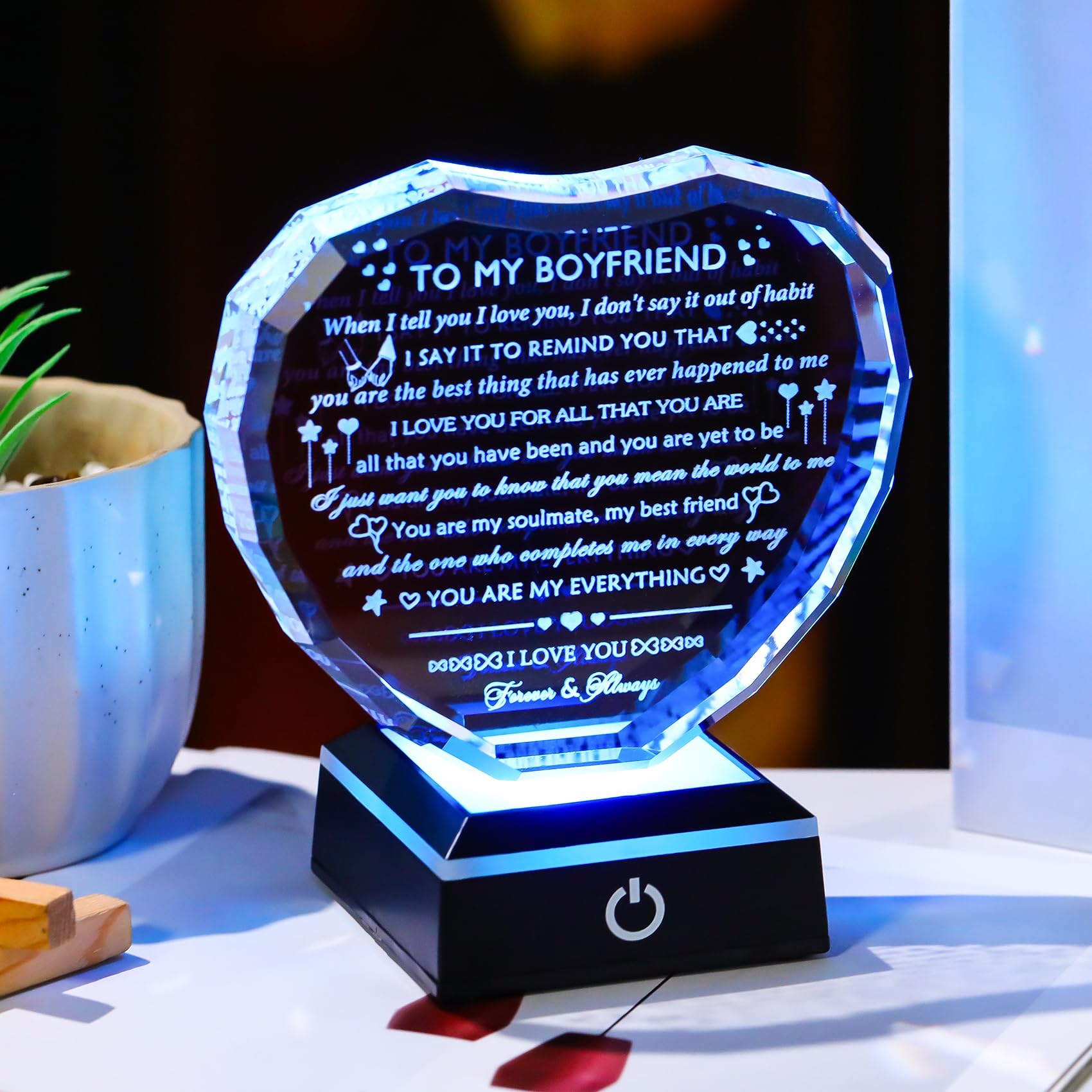Arikyrist Regali romantici per fidanzato con base a LED per fidanzato, anniversario, compleanno, idee regalo da fidanzata cuore di cristallo al mio fidanzato I Love You regalo per lui per San
