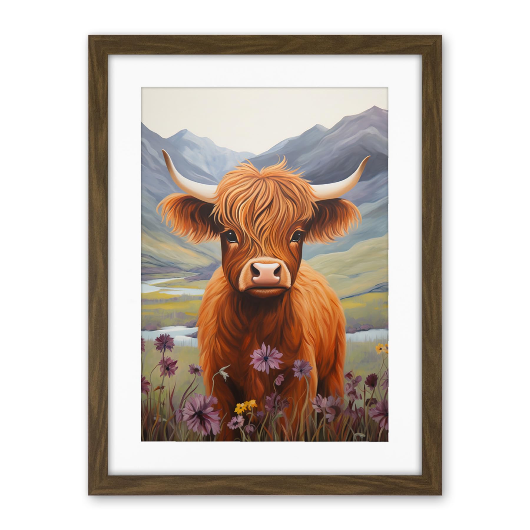 Artery8 Kids Bedroom Nursery Artwork Highland Calf Cow in Heather and Cornflower Glen Scotland Artwork Framed Wall Art Print 18X24 Inch