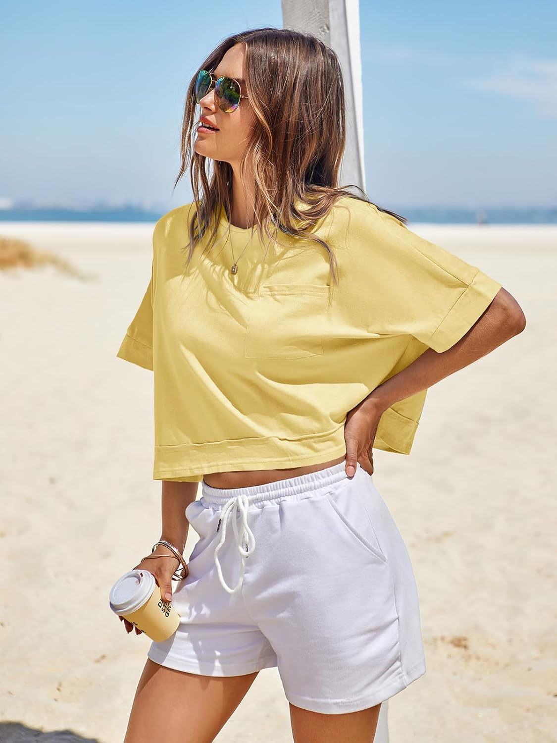 Fisoew Womens Oversized Crop Tops Workout Short Sleeve T Shirts Summer Casual Loose Fit Basic Tee Shirts with Pockets - Image 5