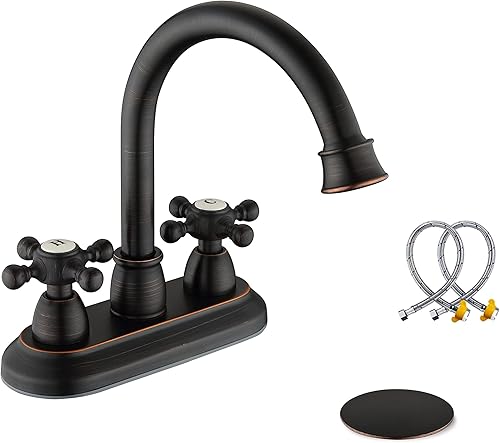 KirlystonE Grifo de lavabo de baño de bronce aceitado, grifo de tocador central de bronce de 4 pulgadas con asas cruzadas