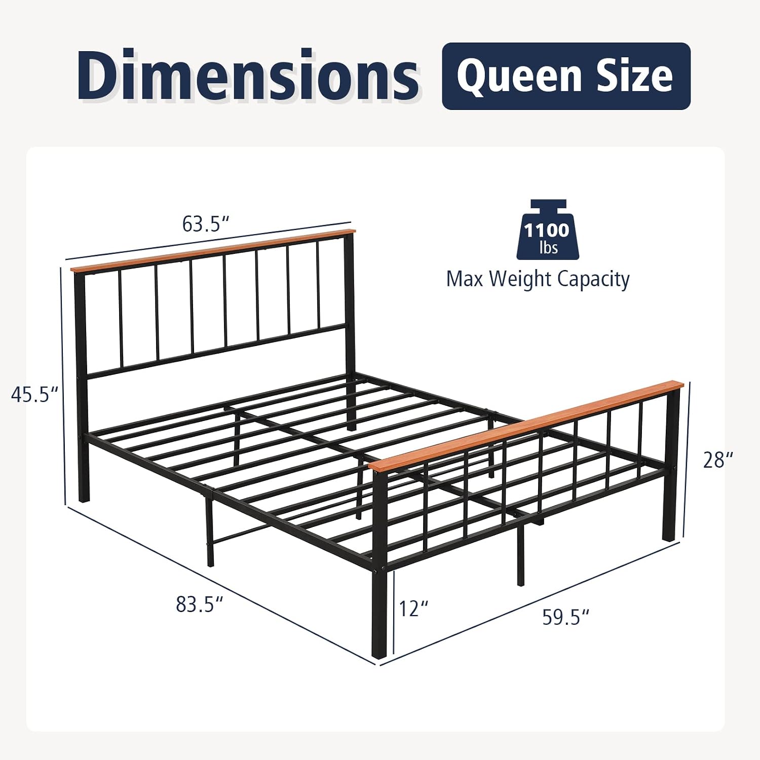 KOMFOTT Queen Metal Bed Frame, Modern Platform Bed with Headboard & Footboard, Mattress Foundation with Metal Slat Support, 12" Under-Bed Storage Space, Noise Free, No Box Spring Needed, Black
