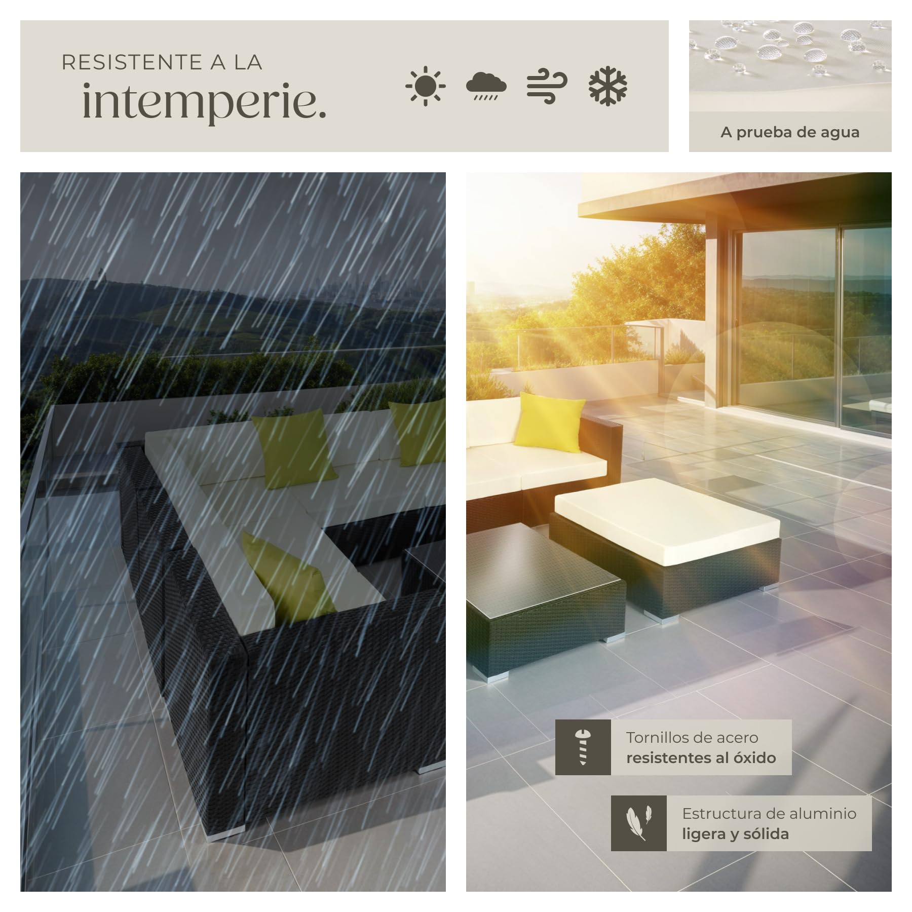 tectake® Conjunto Jardín de Ratán y Aluminio con Cojines (+4 Adicionales), Conjunto Terraza Resistente a la Intemperie y Combinable, Muebles Jardín Exterior 6 Sillones, 1 Puf, 1 Mesa Cristal - Negro