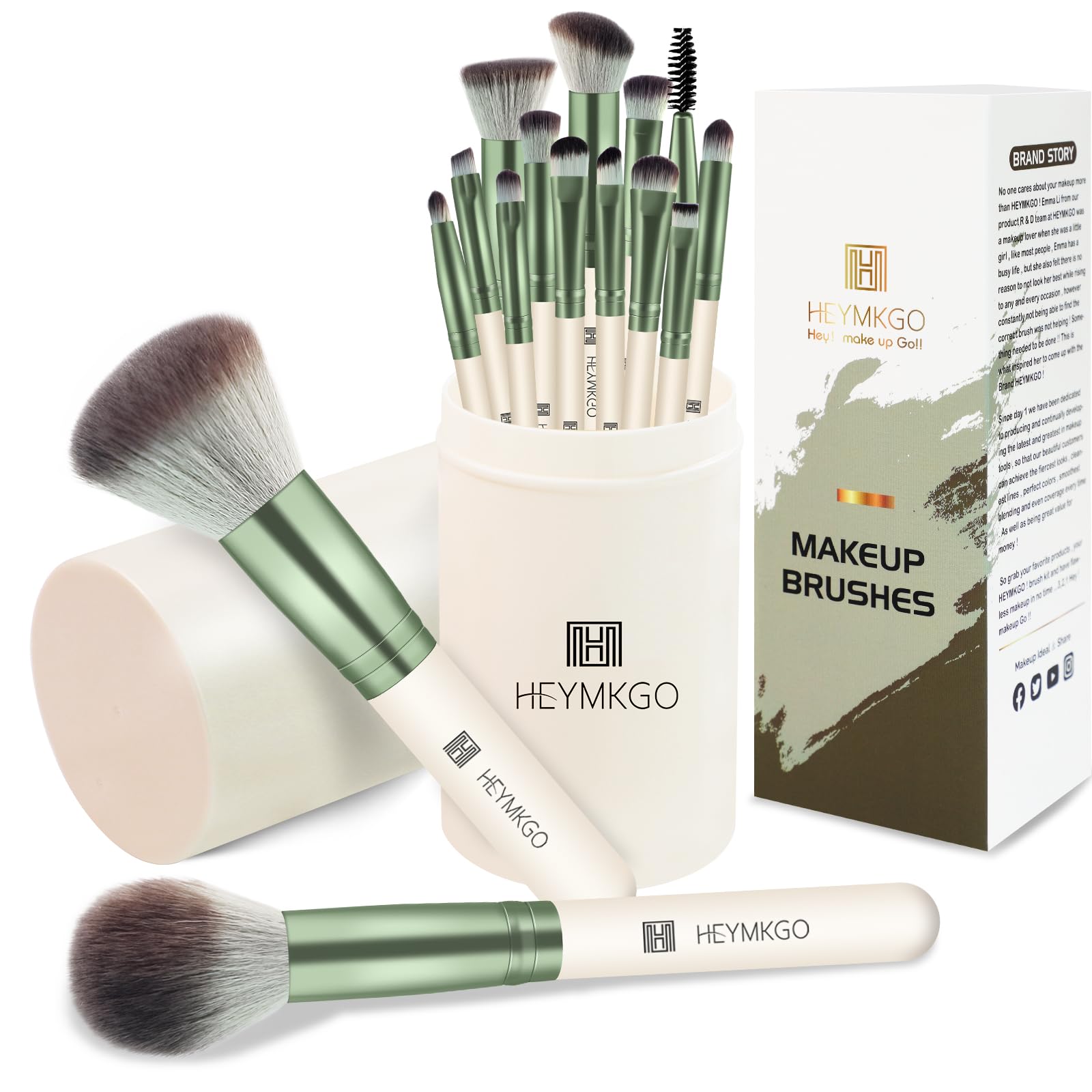 HEYMKGO Set Pennelli Make Up 15 Pezzi Pennelli Trucco con Porta Pennelli Make Up da Viaggio Premium Setole Sintetiche per Fondotinta Kabuki Cipria Correttori Fard Ombretto Illuminante e Sopracciglia