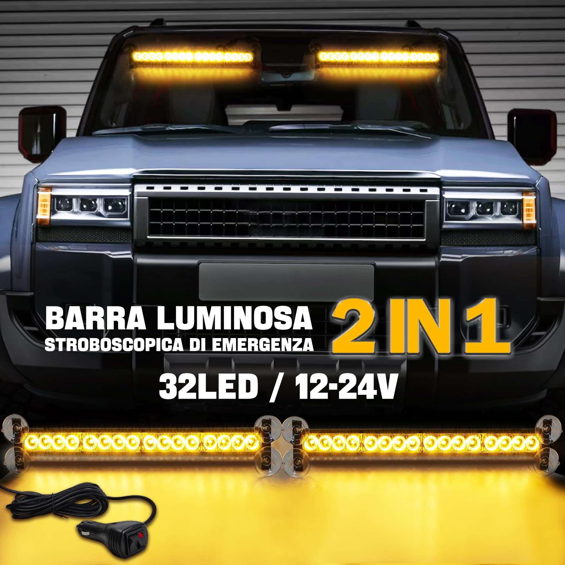 Barra LED Stroboscopica 2x42,6CM 12V/24V Luce Emergenza 2 in 1 32 LED 23 Modalità Flash Ambra IP66 Camion Veicolo Cantiere Sicurezza Stradale