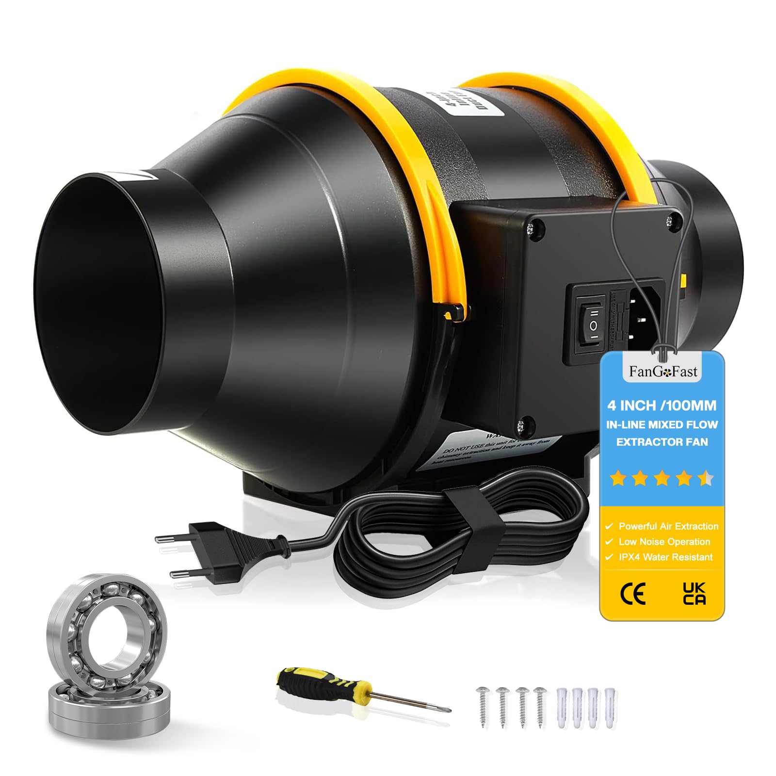 FanGoFast Wentylator kanałowy do wyciągania dymu 100 mm Wentylator liniowy 230 V cichy wentylator do łazienki, biura, soli wzrostu