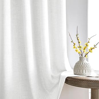 Melodieux Blackout Curtains Set of 2 245 x 140 cm   Curtains with Ruffle Tape White Linen Look Caf  Linen Curtain Room Darkening Curtains for Living Room Window French Door Patio
