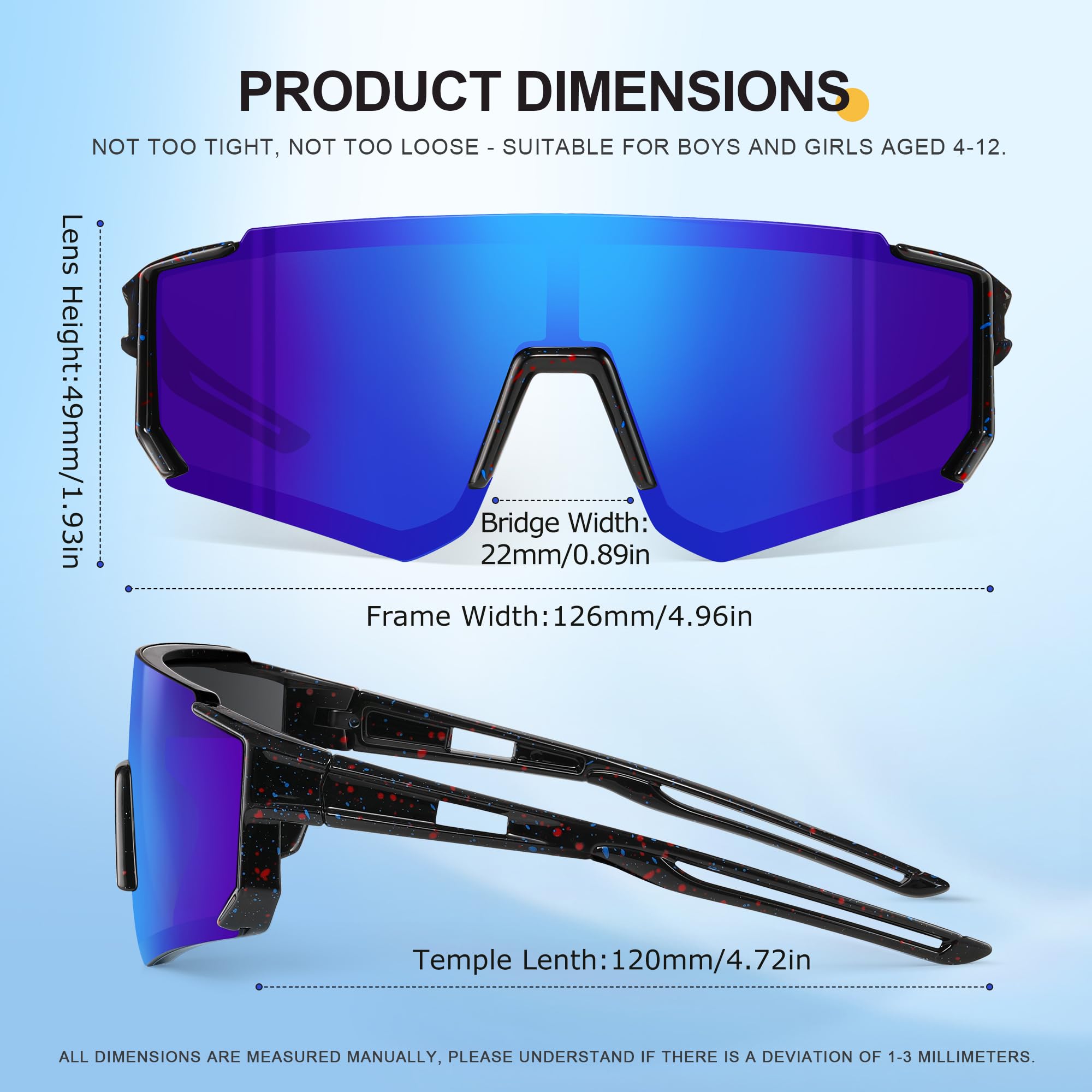 Kinder-Sonnenbrillen, Baseball-Sonnenbrillen für Jungen, Mädchen, Alter 4–12, Softball-Sport-, Radsportbrille, UV-Schutz, A01, Dunkelblau + Rosa, 3 Stück