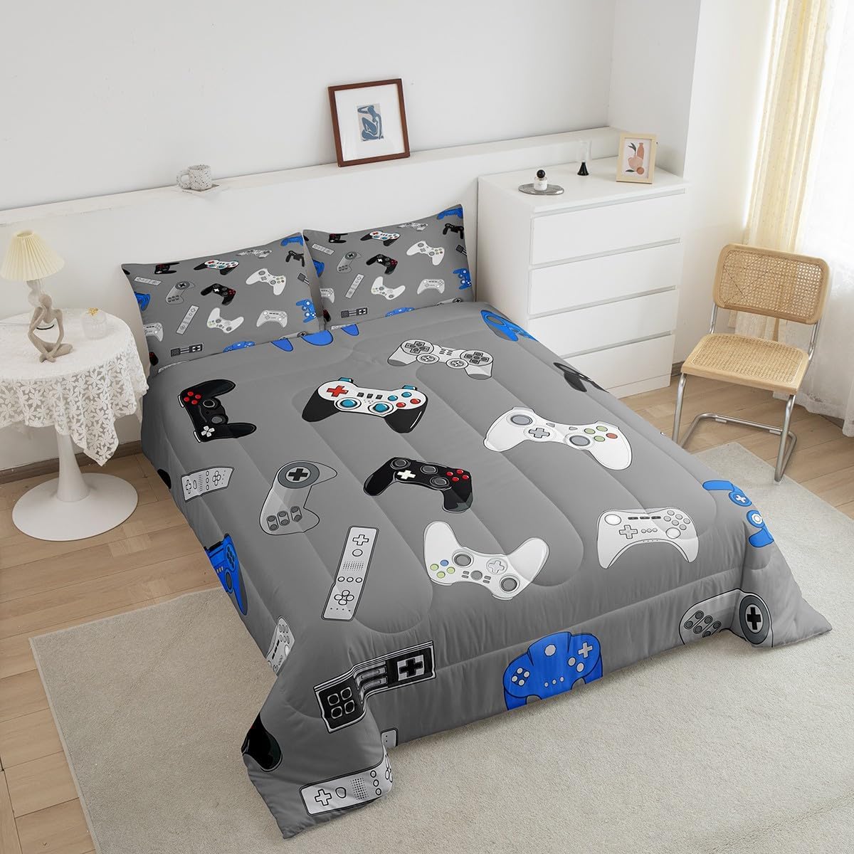 Feelyou Video Game Comforter Set Console Gamer Gray Bedding Set for Kids Boys Girls Various Gamepad Comforter Modern Game Controller Decor Quilt Set Bedroom Collection 3Pcs Queen Size,Reversible