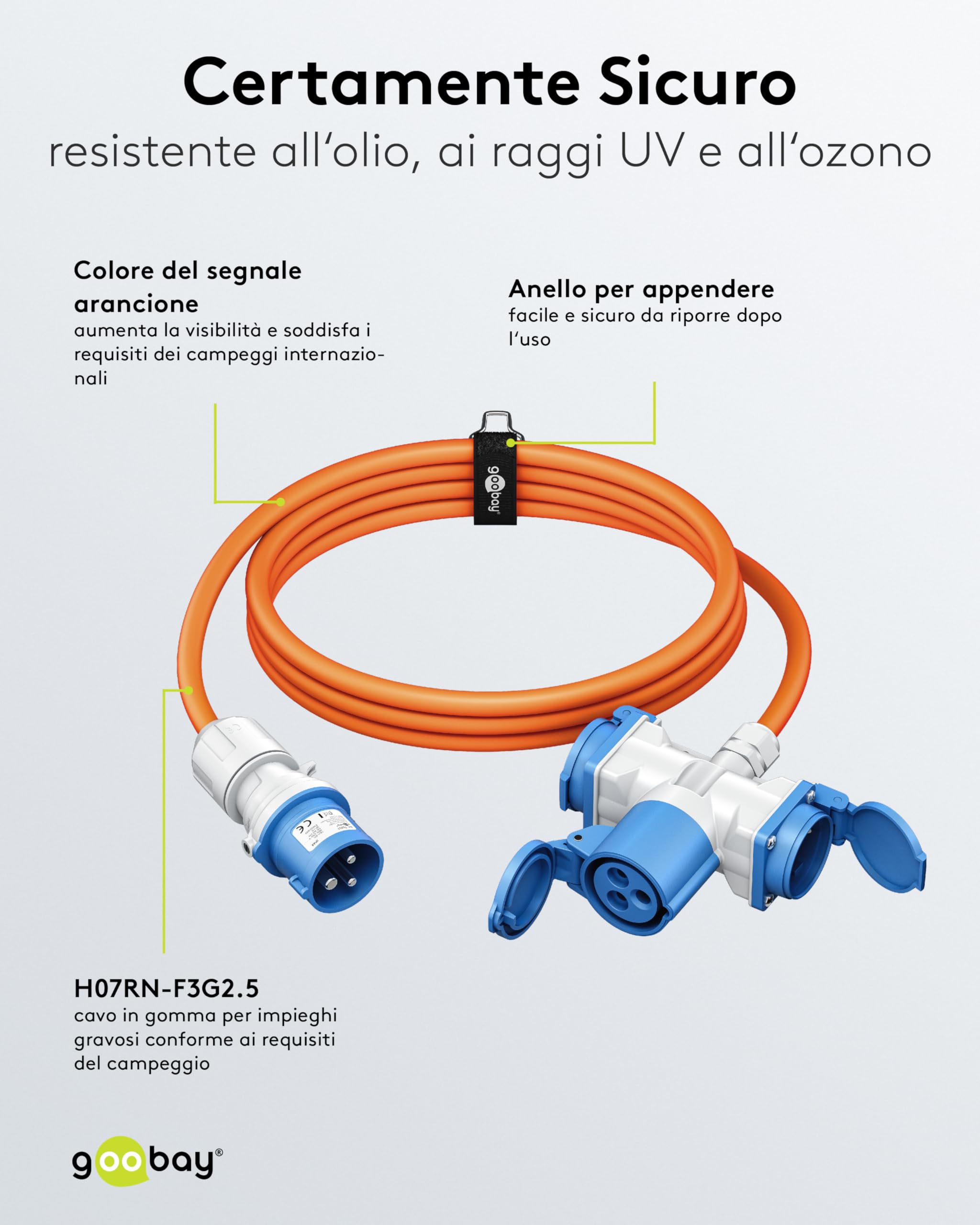 goobay Cavo adattatore CEE per caravan, 1,5 m, spina CEE a 1 presa CEE e 2 prese con contatto di protezione, IP 44, cavo da campeggio, camper e cantieri, 76231