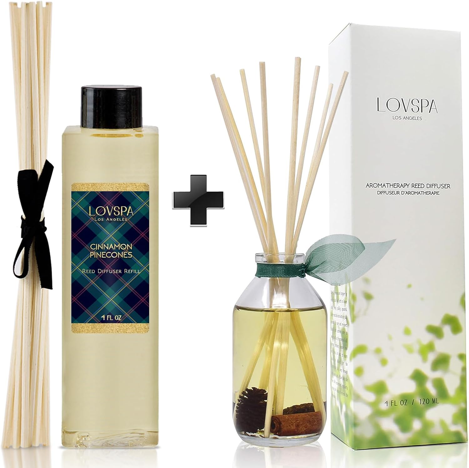 LOVSPA Cinnamon Pinecones Reed Diffuser Refill, 4 oz, Bundle with Cinnamon Pinecones Reed Diffuser Set - Made with Essential Oils in The USA