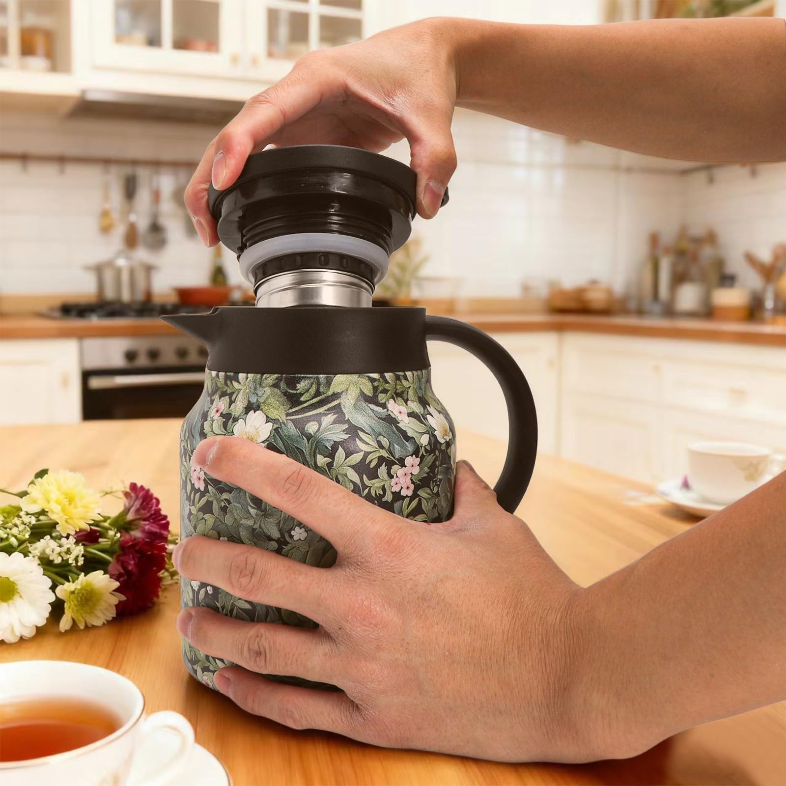Caraffa Termica con Filtro per Tè, Thermos 1 Litro in Acciaio Inox con Motivo Floreale, Termos Caffè Doppio Strato, Sottovuoto Thermos Caffe, Thermos per Bevande Calde per Tè Latte