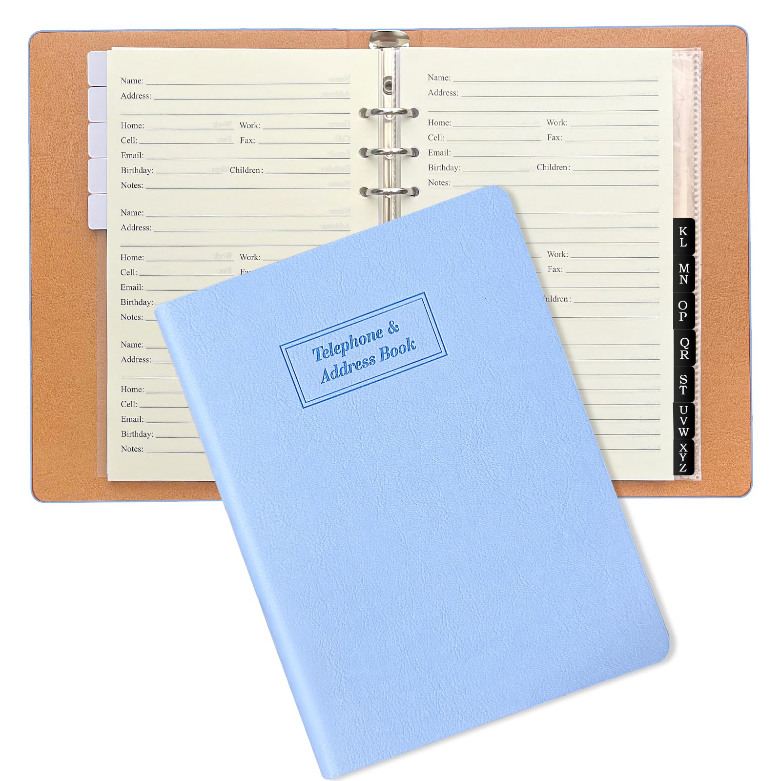 Libreta de direcciones recargable con pestañas alfabéticas, 648 espacios de entrada, gran impresión, direcciones, libretas de teléfonos, tapa dura de piel sintética azul, A5, 6 anillas, para oficina