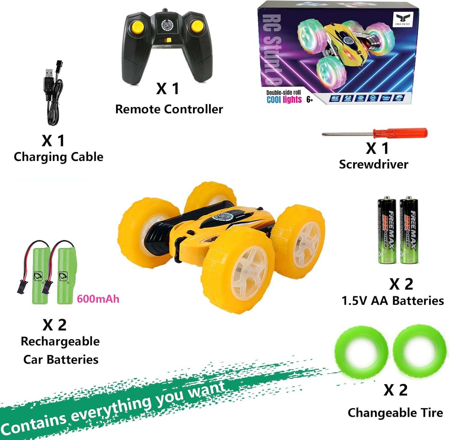 FREE TO FLY Remote Control Car for Boys 6-12: Kids Rc Stunt Car 2.4GHz Fast Race Car with Lights 4WD 360°Rotating RC Cars Toy Gifts Presents for Boys Girls Age 6 7 8 9 10 11 Year Old Yellow