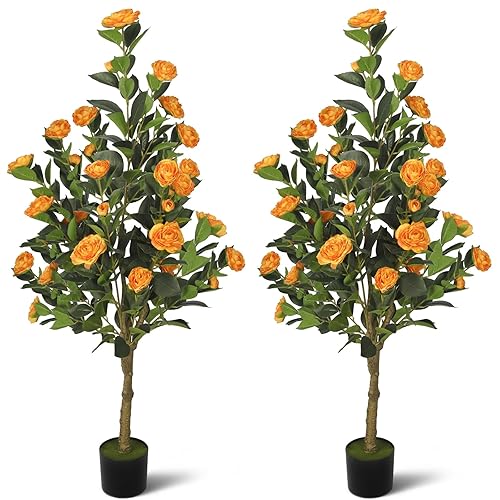 2-Pack 4FT Artificial Camellia Tree,Realistic Fake Potted Plants with Flowers&Planters,Indoor/Outdoor