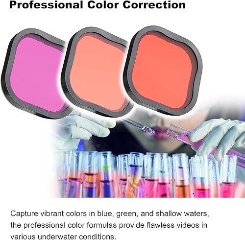 Miniatura 2 de Paquete de 4 filtros de buceo subacuáticos para GoPro Hero 8 9 10 11 12, carcasa impermeable oficial negra en rojo, rojo claro, magenta y 5 filtros