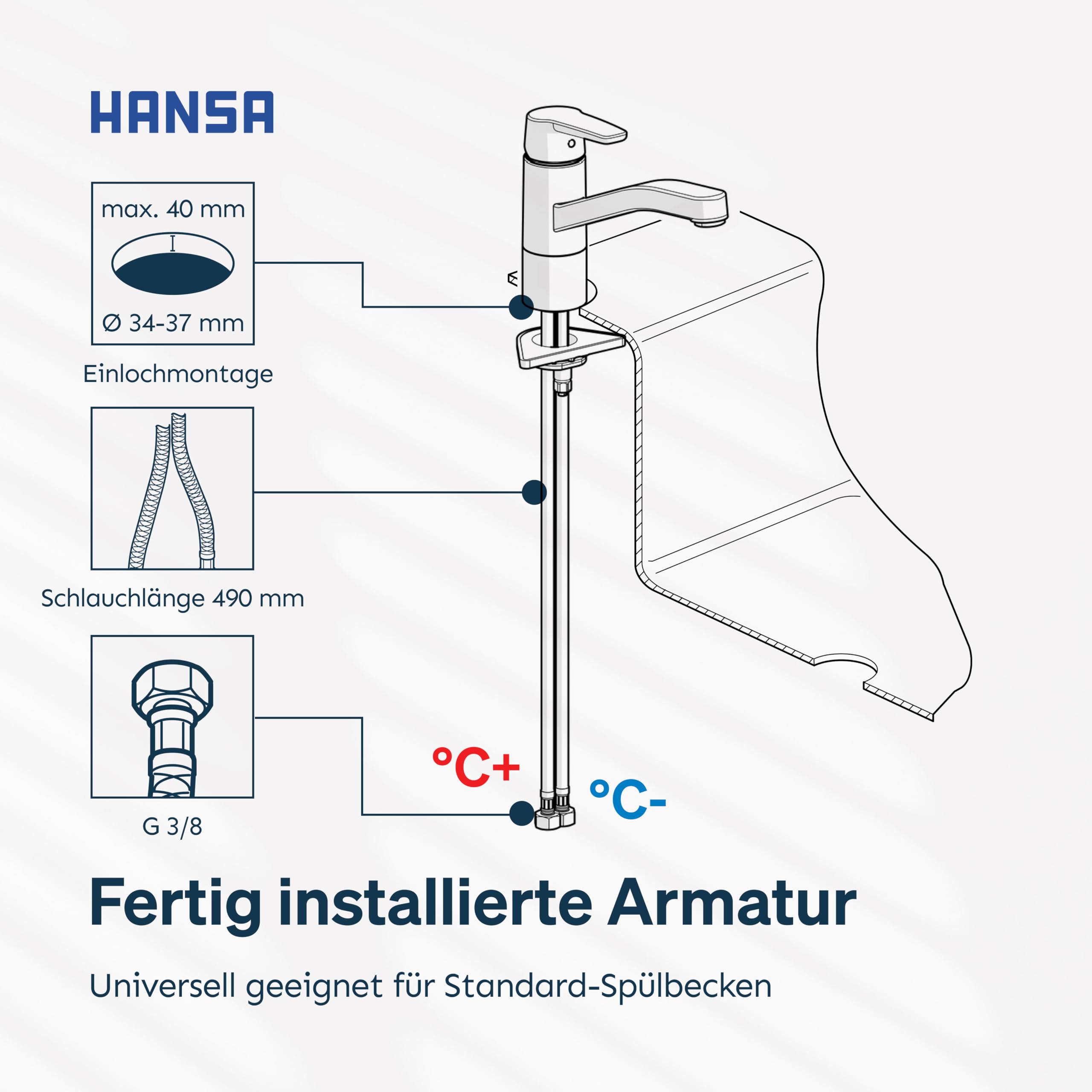 HANSA POLO Küchenarmatur Hochdruck | Armatur 120° schwenkbar I Hoher Auslauf für Töpfe | Wasserhahn Küche aus DZR-Messing I Temperatur & Durchflussbegrenzer I Schnelle Montage am Spülbecken | Chrom