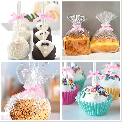 Miniatura 6 de 100 lazos rosados de 3 pulgadas para bolsas de golosinas, lazos de satén torcido, lazos preatados con alambre, lazos de cinta con lazos giratorios,