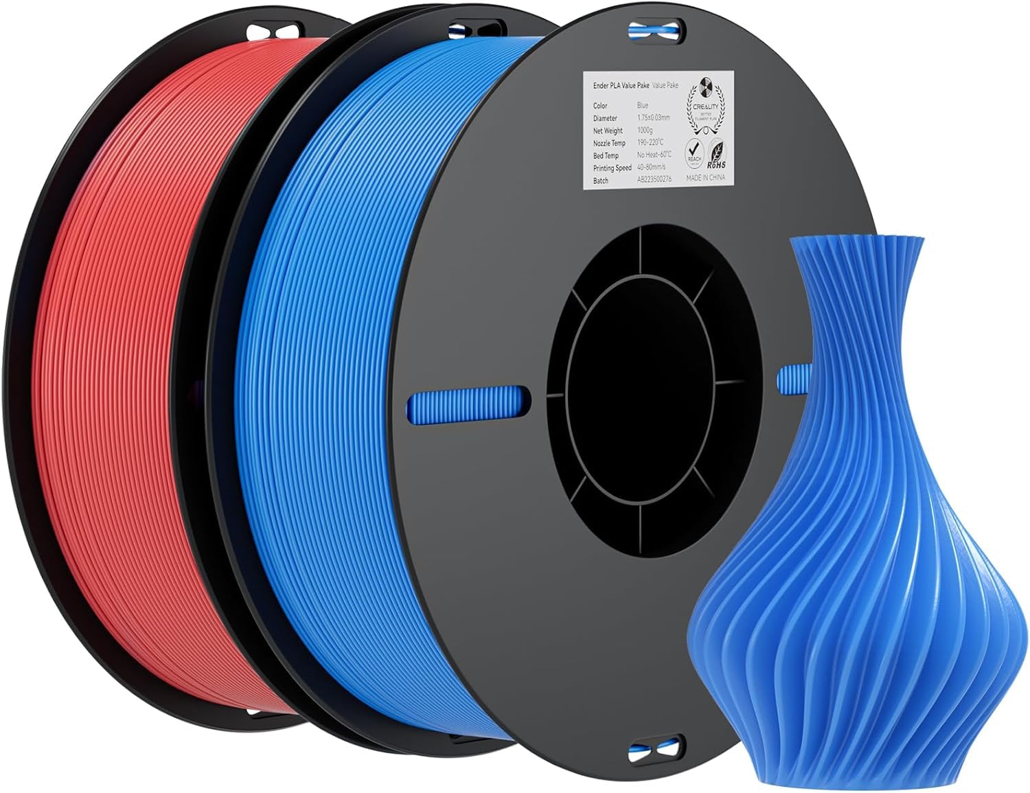Creality Ender PLA filament 1,75 mm, 2 opakowania, do drukarek 3D, szpula 2 kg, dokładność pomiaru +/- 0,02 mm, pasuje do większości drukarek 3D, czerwony i niebieski
