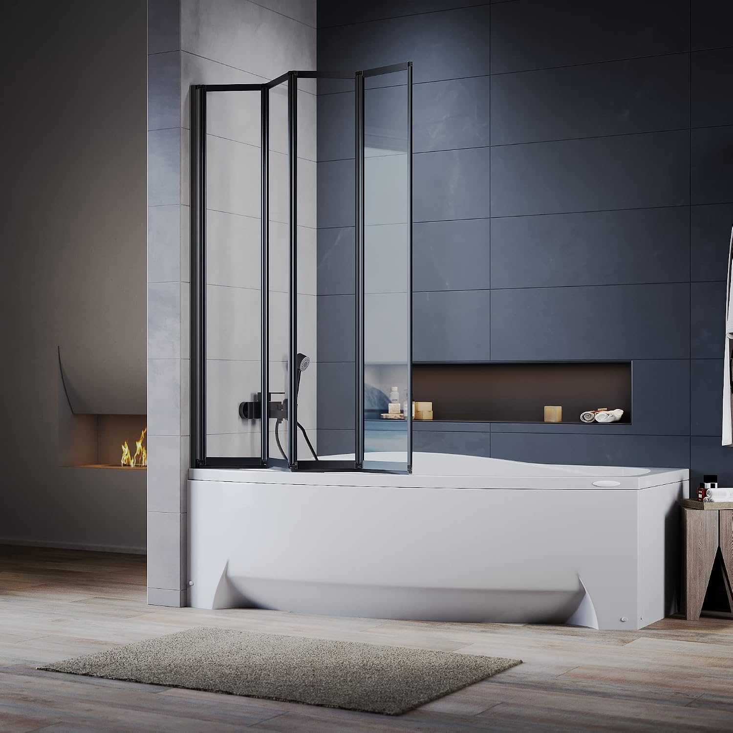 ELEGANT Black 4 Panel Folding Bath Shower Screen,900mm Over Bath Shower Screen Door Toughened Safety Clear Glass Bathtub Door Pivot Swing Panel