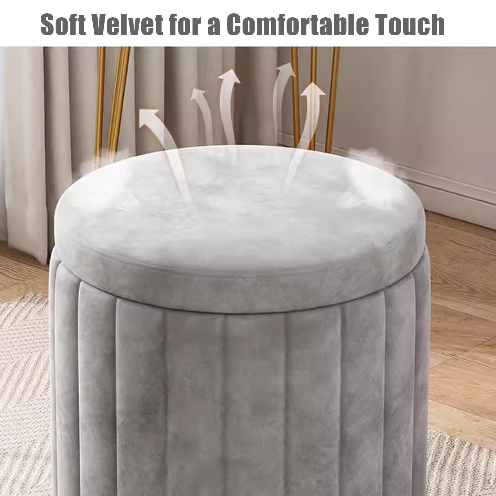 Otomana Redonda de Terciopelo con Espacio de almacenaje, Moderna, tapizada, con Tapa extraíble y Base de Metal Dorado, Ideal para Sala de Estar y Dormitorio, Color Gris.