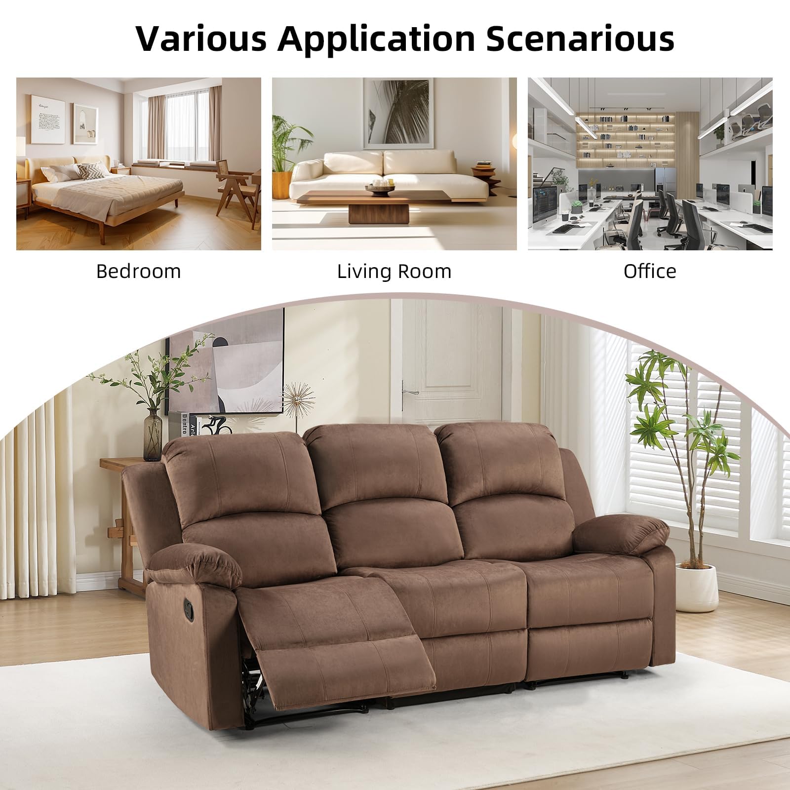 EBELLO Manual Recliner Sofa Set, Modern Microfiber Reclining Couch Furniture Set for Living Room, Includes 1 Recliner Chair and 2 3-Seater Reclining Couch for Home Theater and Office, Brown view 7