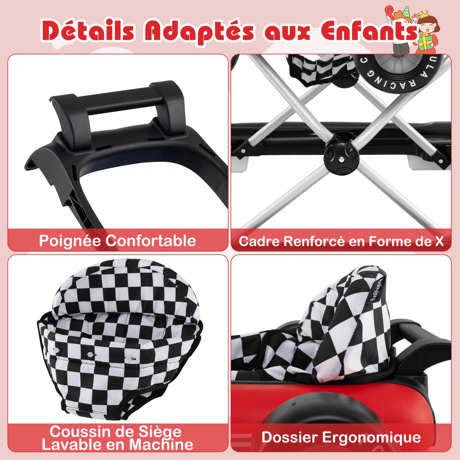 COSTWAY Trotteur Bébé Garçon Fille avec 3 Hauteur Réglable, Trotteur Marche Bébé Pliable Évolutif avec Boîte à Musique Amovible & Volant, Roues Silencieuses, Charge 12kg pour 6-18 Mois