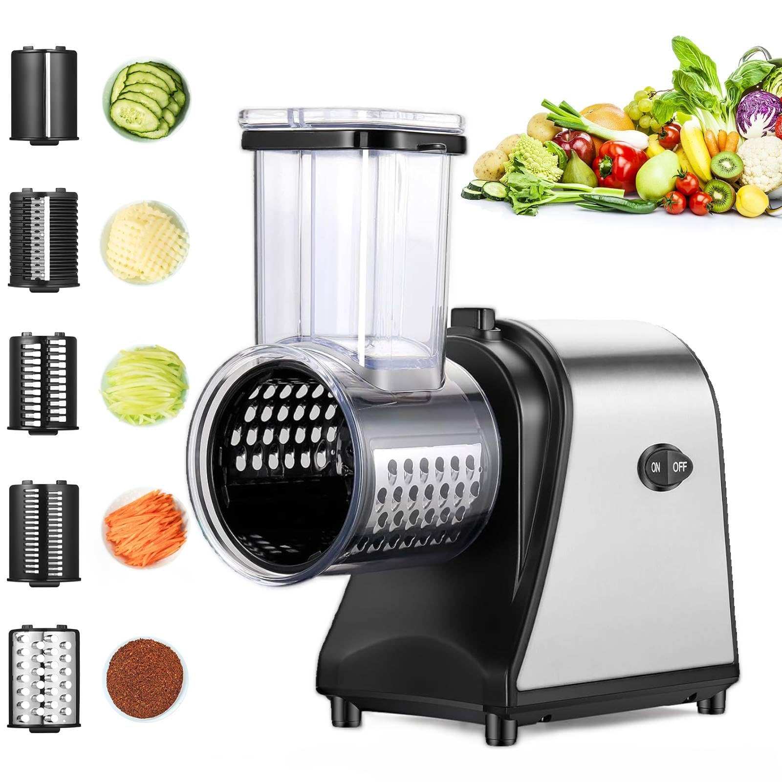 Nictemaw Cortador de verduras eléctrico de acero inoxidable, 250 W, rallador de verduras, rallador múltiple con 5 cuchillas y gran ranura de llenado para frutas, verduras, queso y uso diario