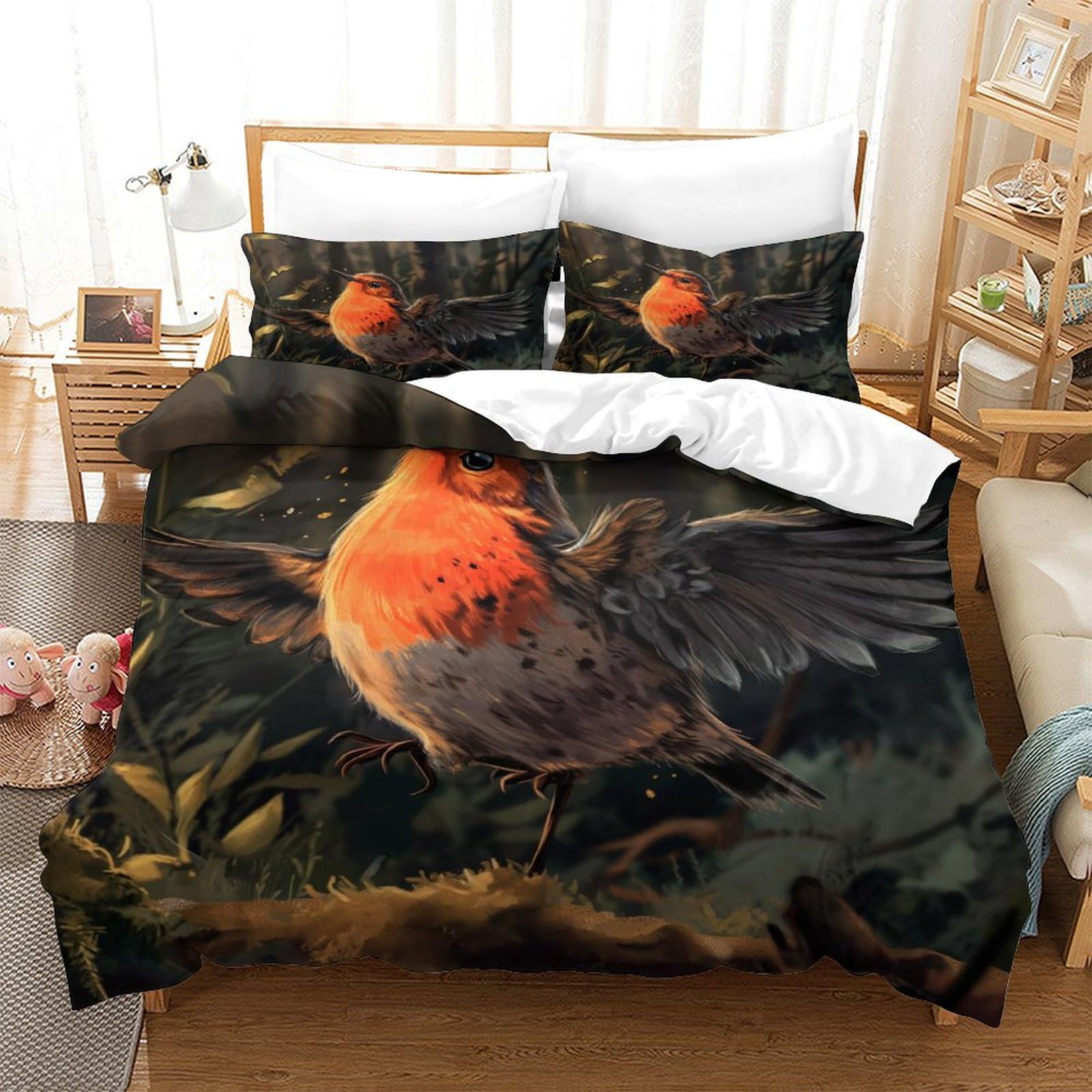 GPARSDDIO Robin Bird Duvet Cover 3 PCS Hotel Quality Quilt Cover Bedding Bed Covers with Pillowcases with Zipper Closure Ultra Soft Hypoallergenic Microfiber Single（140x200cm）