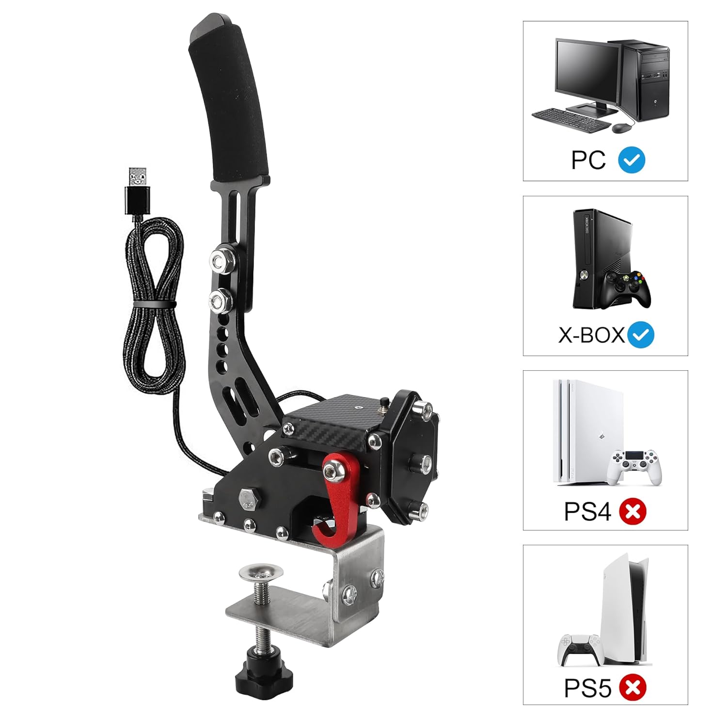 CNSPEED Upgrade 2-in-1 64 Bit USB Handbrake for G920 Compatible With Xbox/Xbox series S/Xbox series X + PC System for Simulated Racing Games with Non-Contact Plus Hall Sensor with Clamp Black+Red