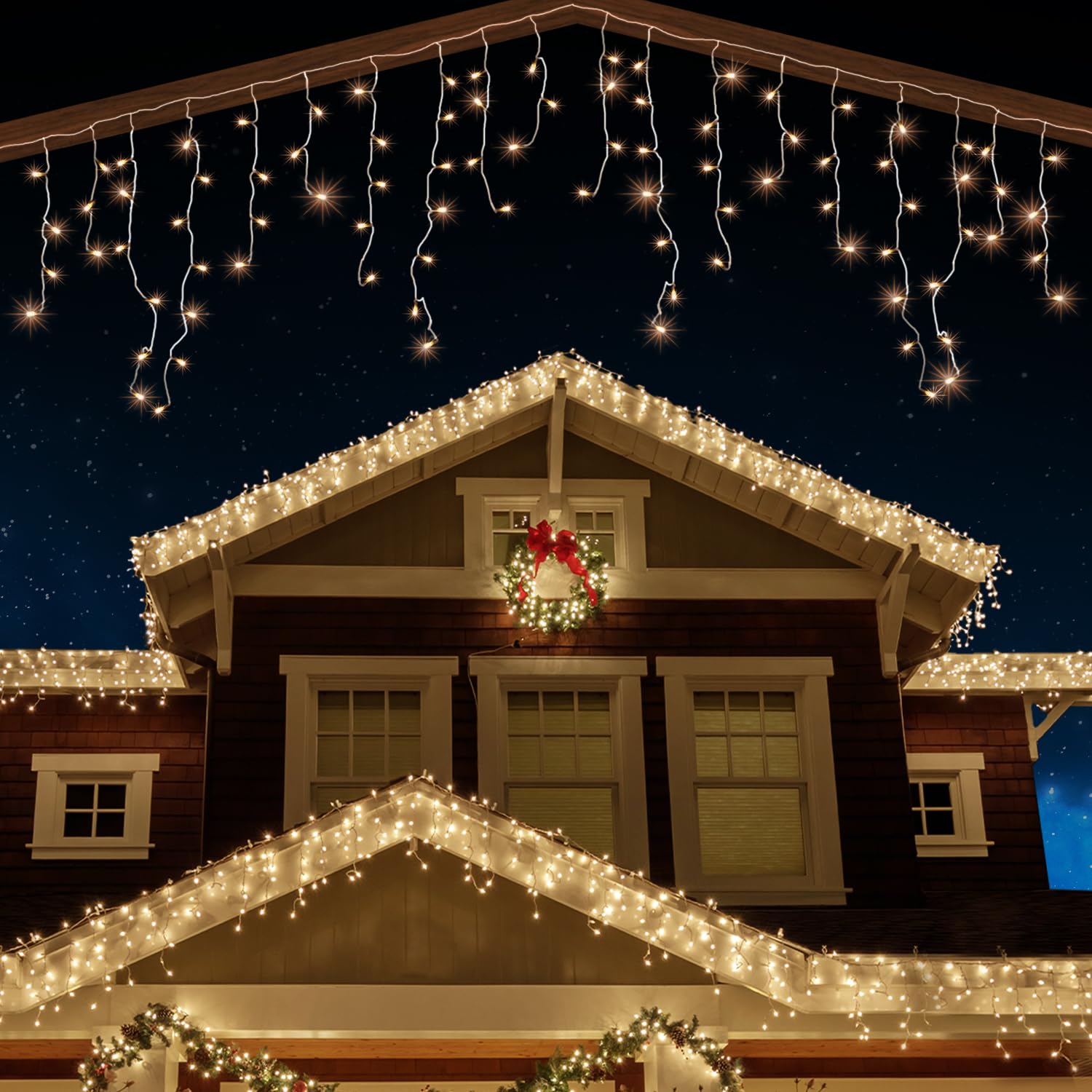 Ansio White Christmas Icicle Lights Outdoor 1500 Led 52M/171Ft Lit Length Warm Led Fairy Lights Indoor/Outdoor Garden Lights With Timer, Memory, Mains Powered 10M Lead Wire - Clear Cable