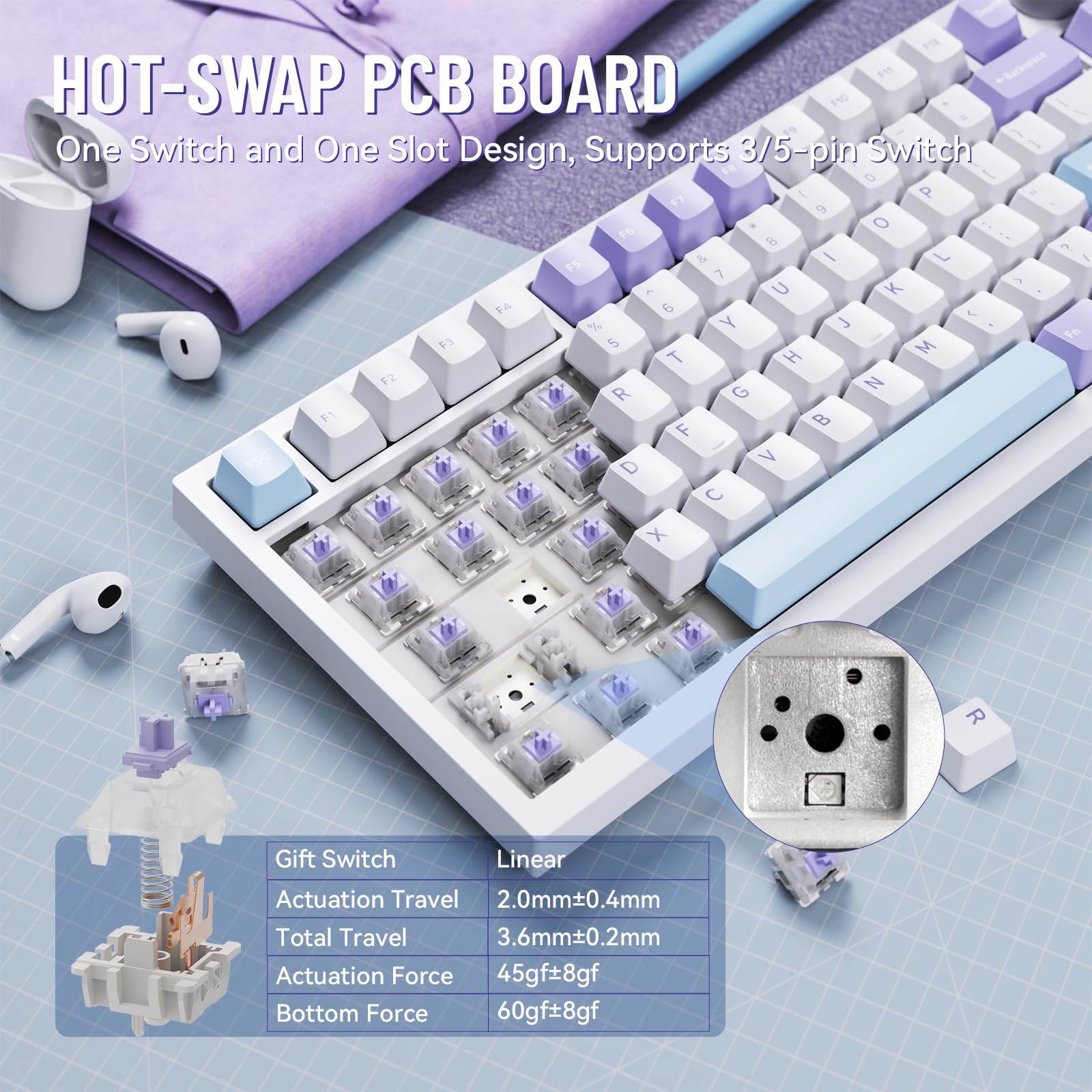 MAMBASNAKE Attack Shark X820 Ultra Klawiatura Gamingowa Mechaniczna, Bezprzewodowa BT/2.4G/USB-C, QWERTY TKL 75% Gasket Hot Swap, Wyświetlaczem TFT, LIGHTSYNC RGB, Spiralny Kabel - Gift Switch/Purple