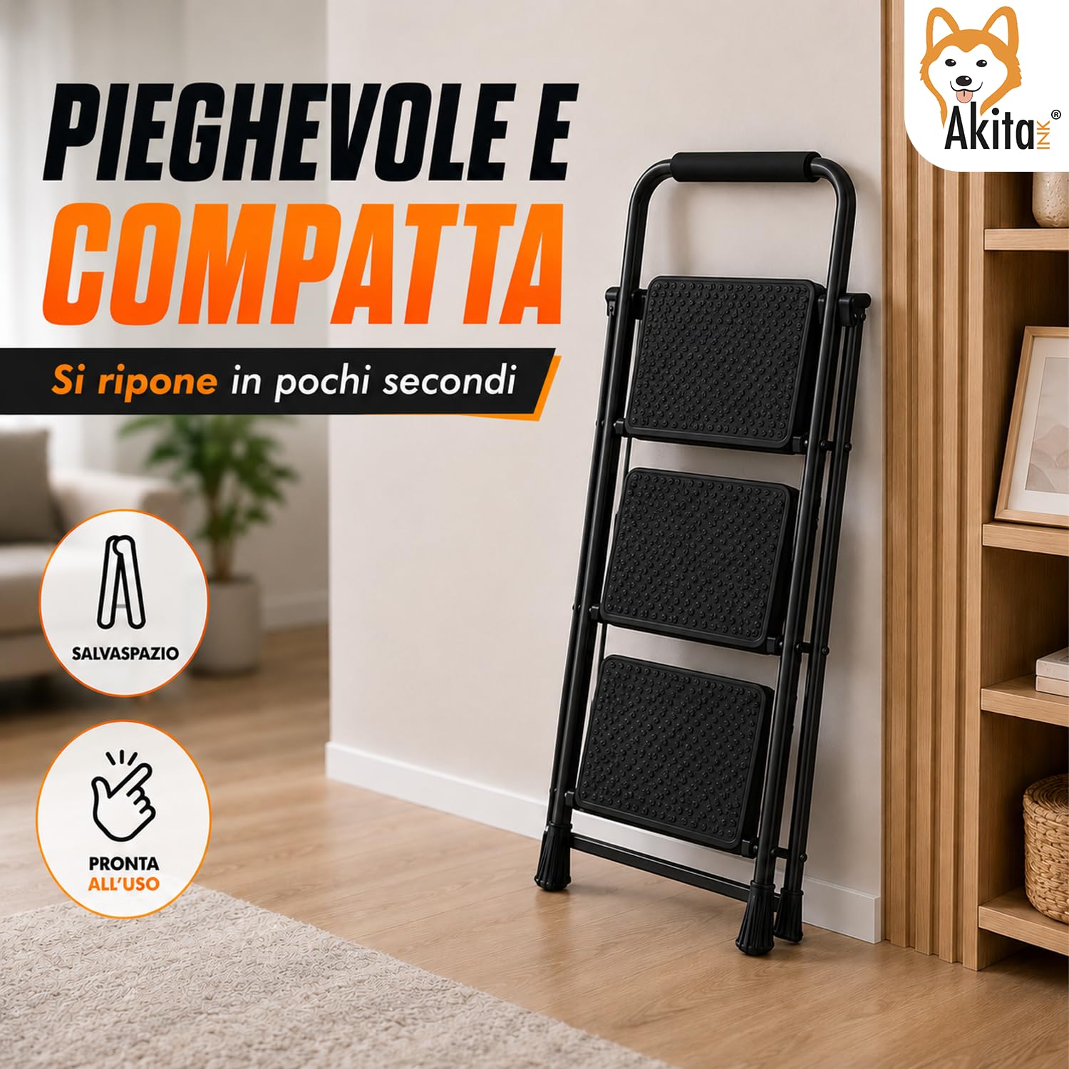 AkitaInk Scala Pieghevole in Acciaio 3 Gradini Nero | Scaletta Pieghevole, Piedini Antiscivolo, Impugnatura in Spugna, Certificata EN14183