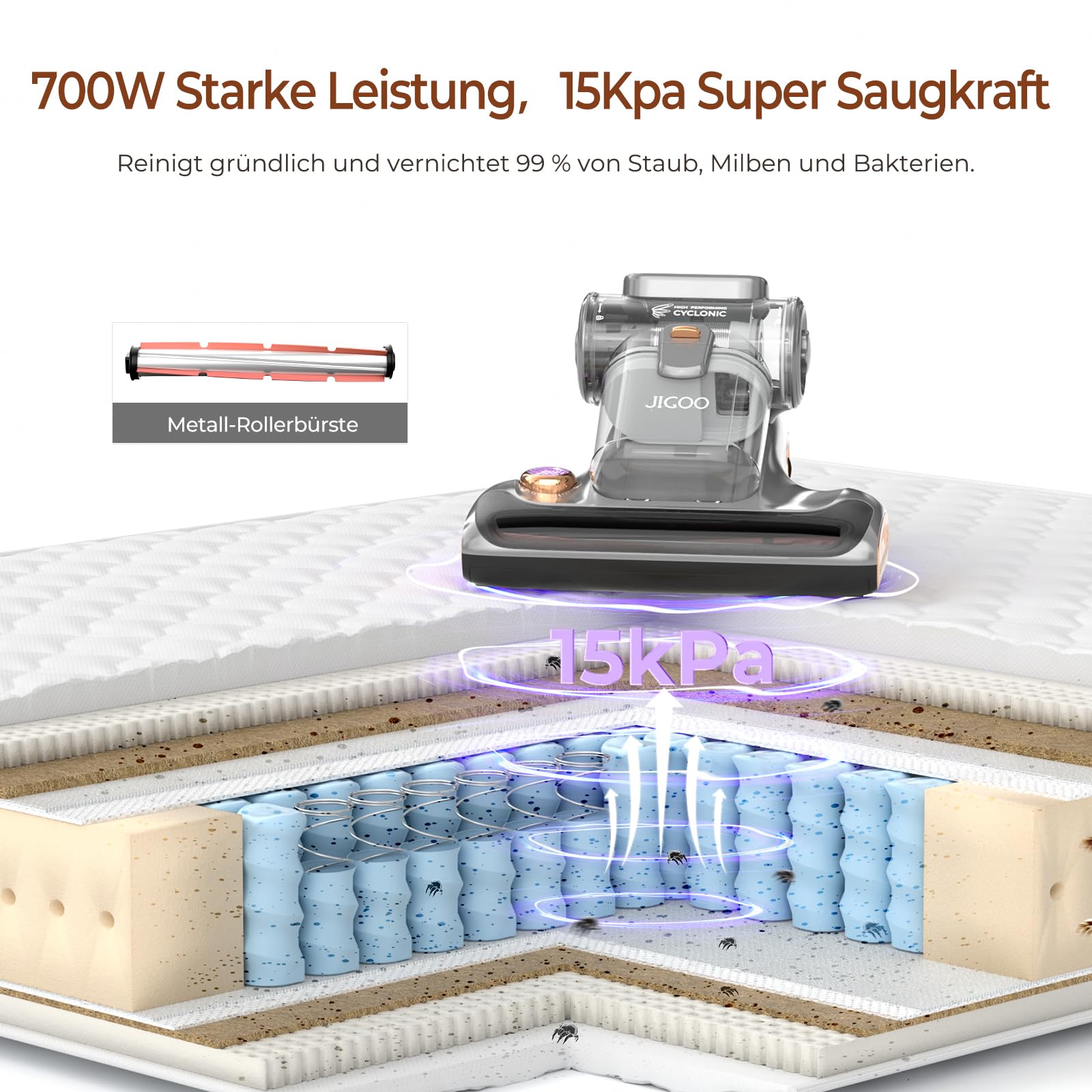 JIGOO Aspiratore acaro per materassi, 700 W, con luce UV, 15 kpa, aspirapolvere antiacari, rimuove il 99,9%, indicatore LED, 72 dB, basso rumore (Grigio)