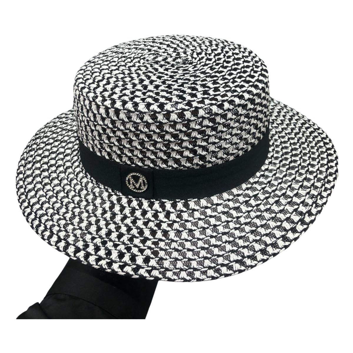 Gyios Women's Grey Straw Hat For In Summer, British Style, Hollow Small Fresh Flat Hat, Travel Holiday, Sun Protection Beach Hat-M (56-58Cm)