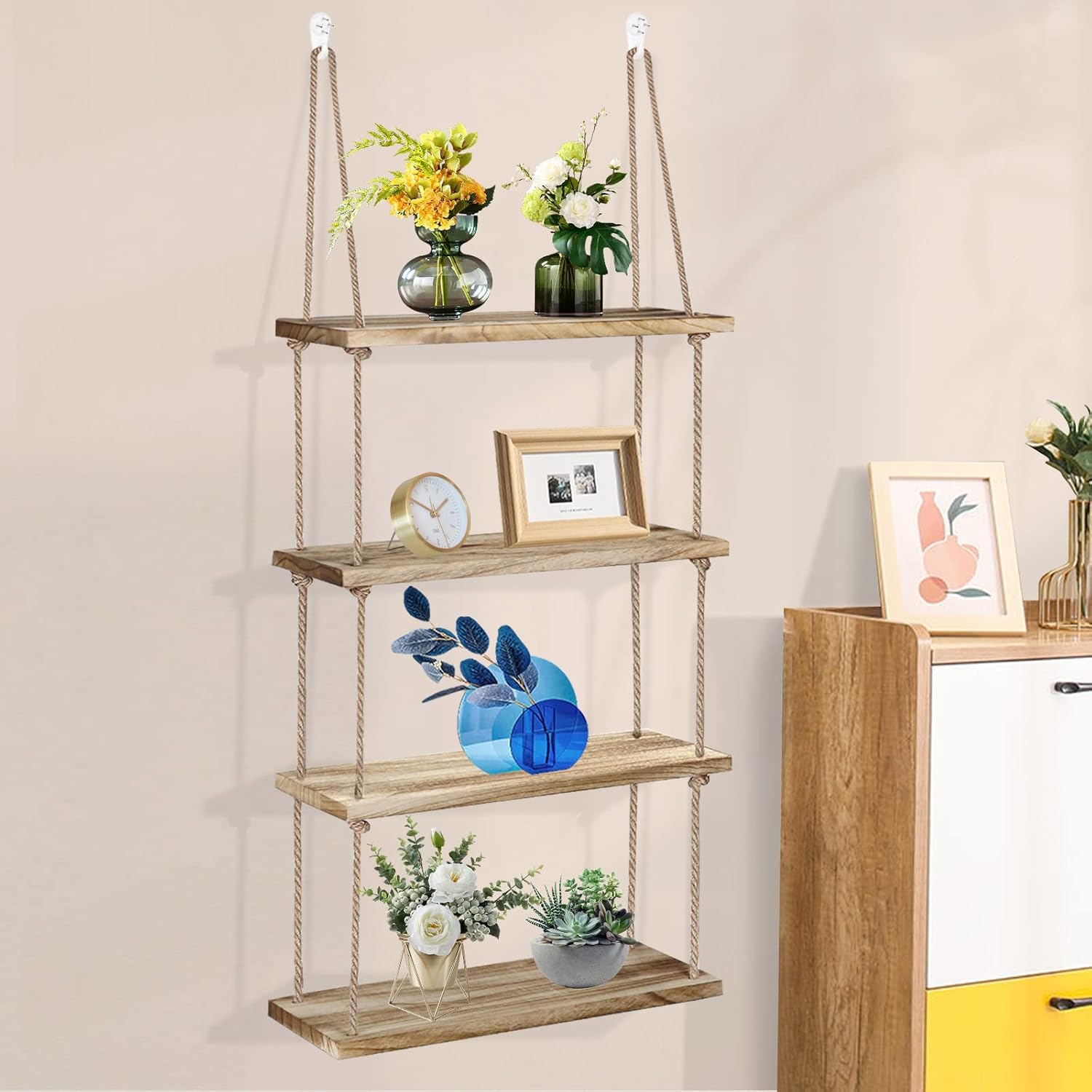 Betinyar Floating Shelves Wood, Boho 4 Tier Wall Shelf