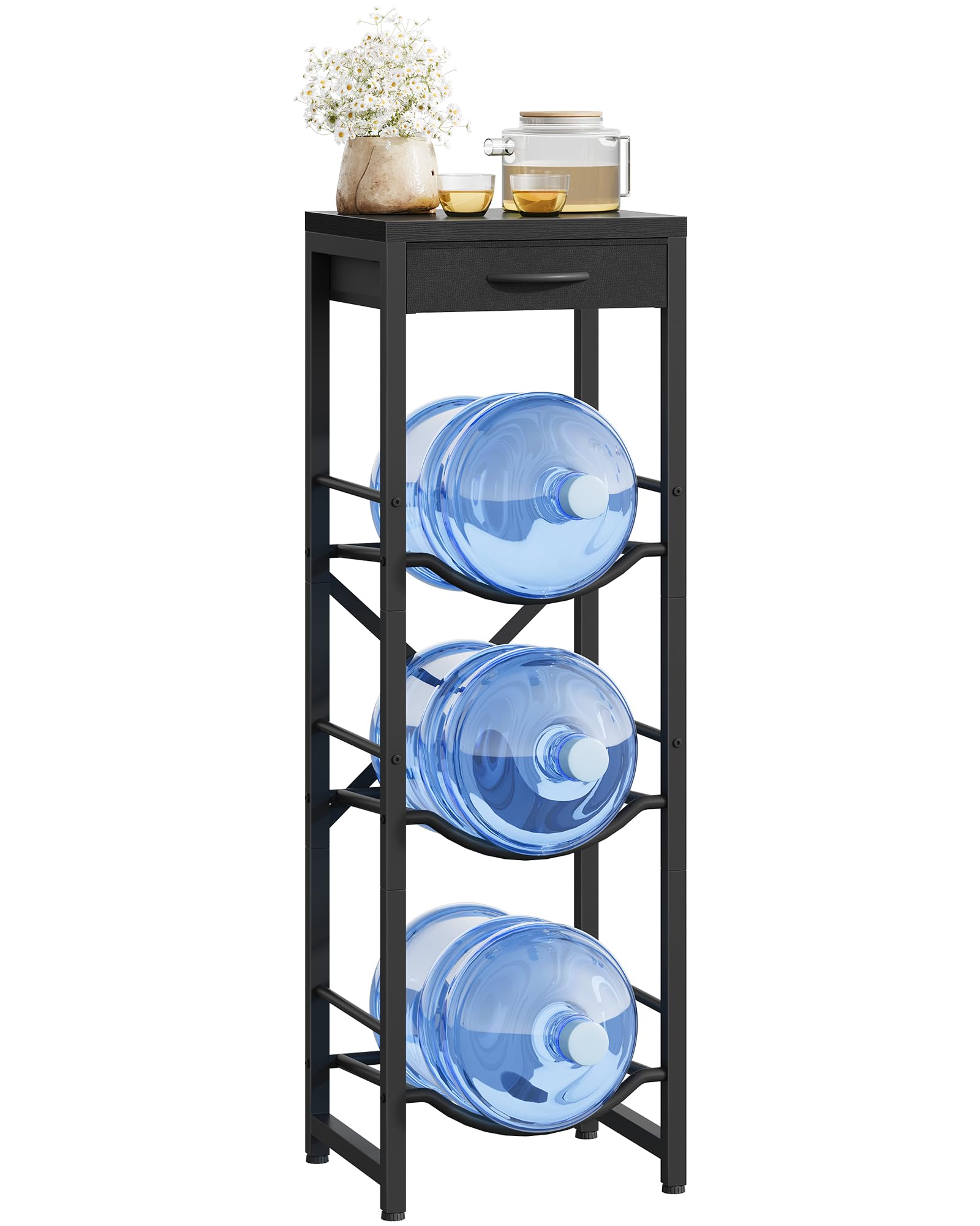 CHOEZON 5-Gallon Water Jug Holder, Water Bottle Holder, 3-Tier Kettle Storage Shelf with Drawer, Water Dispenser Replacement Parts, for Kitchen, Black